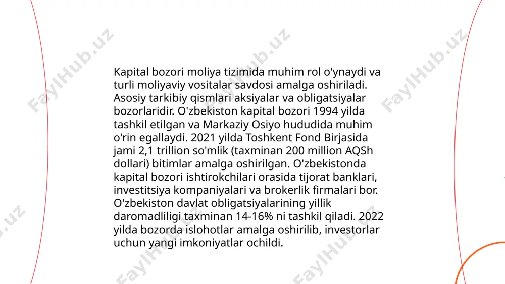 i ishbilarmonlar va investorlar uchun muhimdir. odatda, likvidlikni ta'minlash uchun markaziy banklar ochiq bozor operatsiyalari orqali muayyan miqdorda davlat obligatsiyalarini sotib oladilar yoki sotadilar. misol uchun, aqsh federal zaxira tizimi bunday operatsiyalar orqali bozorga milliardlab dollar mablag' yo'naltirishi mumkin. yevropa markaziy banki esa likvidlikni ta'minlash uchun mart oyida 750 milliard yevro miqdoridagi maxsus dasturlarni amalga oshirgan. bozorda likvidlik yuqori bo'lsa, foiz stavkalari pastroq bo'lishi ehtimoli ortadi. ... t.me/slaydai_bot 10. investitsiyalarni jalb qilish investitsiyalarni jalb qilish bo'yicha o'zbekistonda sezilarli o'sish kuzatilmoqda. 2022 yilda mamlakatga kiritilgan to'g'ridan-to'g'ri xorijiy investitsiyalar hajmi $10 milliardni tashkil etdi, bu o'tgan yilga nisbatan 15% ga ko'pdir. asosiy investitsiya sohalari energiya, qishloq xo‘jaligi va transport infratuzilmasi bo‘lib, jami investitsiyalarning 60% dan ortig‘ini o‘z ichiga oladi. hukumat investitsiyalarni rag‘batlantirish maqsadida soliq imtiyozlari va erkin iqtisodiy zonalarni rivojlantirib, investitsiya muhitini yaxshilashga intilmoqda. xalqaro reyting agentliklari tomonidan o'zbekistonning investitsiya muhiti kuzatilmoqda, bu ijobiy baholarga ega. ... t.me/slaydai_bot risklarni boshqarish moliyaviy, loyihaviy …