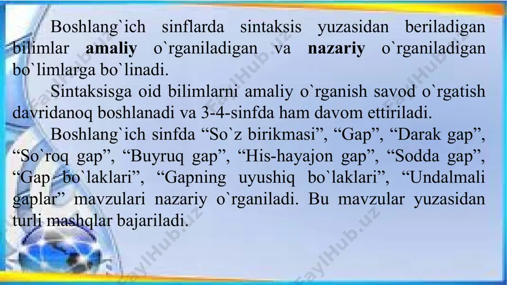 gan turli rasmli kartochkalardan foydalaniladi, bolalarning hali o'qish-yozishni to’liq bilmasliklarini hisobga olib, bunday rasmli kartochkalarni guruhlarga bo'lib, konvertlarga solinadi va har bir konvert ustiga shu narsaning nomini yozib, rasmi yopishtiriladi. ichiga shu narsaning nomi bo’g’inga ajrtailgan holda solingan. o`quvchilar bo`g’inlarni to’g’ri qo’yishi kerak bo’ladi.(lam, qa – qalam, tar, daf –daftar, yiq, cha, a – ayiqcha…) 22 ona tilidan bilim, ko`nikma va malakalarni tekshirish o’qituvchi: d. tursunova 4-mavzu davomi reja tayanch atamalar: notanish so‘z, iboralar, ilg’or texnologiya, tovushlar, harflar, so‘z, gap, bog‘lanishli nutq... ona tilidan bilim, ko`nikma va malakalarni tekshirish (boshlang`ich sinfda) 2. imloga oid mashqlar. ko’chirib yozish ko’nikmasi. 3. diktant yozdirishning ahamiyati. maktab tajribasida tekshirishning shakllari og’zaki yozma bilimlarni kundalik mavzuga oid va yakuniy tekshirish tatbiq etiladi. 1-reja ona tilidan yozma tekshirish uchun asosan diktant, bayon, insho, shuningdek, grammatik, so‘z yasashga oid, leksik va imloga oid topshiriqlarni bajarish, tekshiruv ko‘chirib yozishdan foydalaniladi. yakunlovchi tekshirish uchun har bir chorakda bir marta …