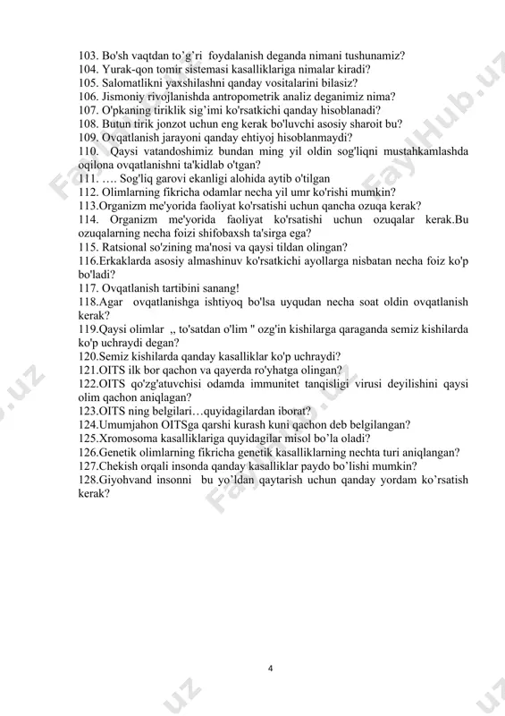 tlarini unumli foydalanishni qanday tashkillashtirish kerak? 100. i̇ndividual profilaktik shaxs salomatligining asosi deganda nimani tushunasiz? 101 kasallik profilaktikasi tushunchasi deganimiz nima? 102. salomatlikni yaxshilashning ratsional usullari qanday? 103. bo'sh vaqtdan to’g’ri foydalanish deganda nimani tushunamiz? 104. yurak-qon tomir sistemasi kasalliklariga nimalar kiradi? 105. salomatlikni yaxshilashni qanday vositalarini bilasiz? 106. jismoniy rivojlanishda antropometrik analiz deganimiz nima? 107. o'pkaning tiriklik sig’imi ko'rsatkichi qanday hisoblanadi? 108. butun tirik jonzot uchun eng kerak bo'luvchi asosiy sharoit bu? 109. ovqatlanish jarayoni qanday ehtiyoj hisoblanmaydi? 110. qaysi vatandoshimiz bundan ming yil oldin sog'liqni mustahkamlashda oqilona ovqatlanishni ta'kidlab o'tgan? 111. …. sog'liq garovi ekanligi alohida aytib o'tilgan 112. olimlarning fikricha odamlar necha yil umr ko'rishi mumkin? 113.organizm me'yorida faoliyat ko'rsatishi uchun qancha ozuqa kerak? 114. organizm me'yorida faoliyat ko'rsatishi uchun ozuqalar kerak.bu ozuqalarning necha foizi shifobaxsh ta'sirga ega? 115. ratsional so'zining ma'nosi va qaysi tildan olingan? 116.erkaklarda asosiy almashinuv ko'rsatkichi ayollarga nisbatan necha foiz ko'p bo'ladi? 117. …