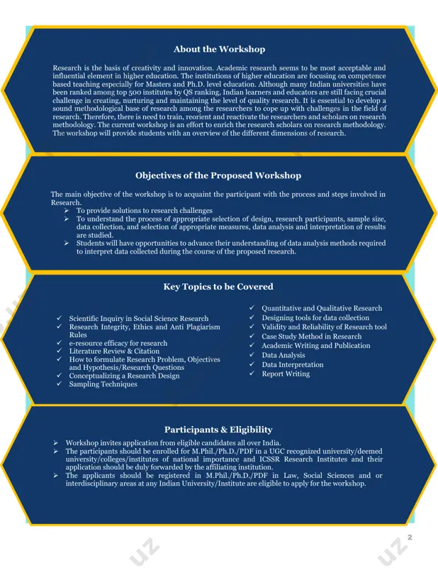 be enrolled for m.phil./ph.d./pdf in a ugc recognized university/deemed university/colleges/institutes of national importance and icssr research institutes and their application should be duly forwarded by the affiliating institution.  the applicants should be registered in m.phil./ph.d./pdf in law, social sciences and or interdisciplinary areas at any indian university/institute are eligible to apply for the workshop.  scientific inquiry in social science research  research integrity, ethics and anti plagiarism rules  e-resource efficacy for research  literature review & citation  how to formulate research problem, objectives and hypothesis/research questions  conceptualizing a research design  sampling techniques key topics to be covered  quantitative and qualitative research  designing tools for data collection  validity and reliability of research tool  case study method in research  academic writing and publication  data analysis  data interpretation  report writing 3 about gujarat national law university gujarat national law …