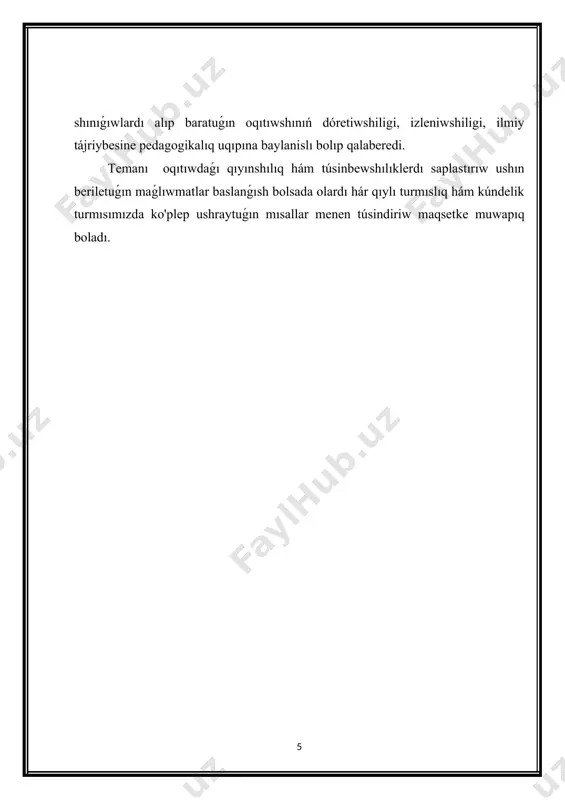 maqqa keldi: bòleksheniń birlesiwi olardiń qandayda kúsh penen tartisiwinan, bòleksheler bir birine tiygende, bul kúshler úlken shamaĝa iye boladi. bul waqitta jilliliq hàdiselerin túisindiriwde eki túrli túsik payda boldi: birinshisiniń tiykarinda atomlardiń hàreketi haqqindaĝi túsinikler jatadi, ekinshisinde bolsa teplorod túsinigi jatadi. r.broyl hàm oniń shakirti r.guk (1635-1703) jilliliq, bul zat bòleksheleriniń mexanikaliq qozĝalisiniń nàtijesi esaplanadi, degen pikirdi aytti. bul pikir d.bernulli (1700-1782) tàrepinen quwatlandi. d.bernulli gazlar basimi gaz molekulalariniń idis diywalina urilisi natiyjesinde boladi, dep túsindirdi. biraq keyninen j.blek (1728-799) usilar tiykarinda teplorod túsinigi keń tarqaldi. xix àir baslarinda atom teoriyasi dalton hàm m.lomonosovtiń (1711-1765) úlken xizmetleri arqali ulken àhmiyettegi jańaliq ashildi. m.lomonosov teplorod teoriyasina qarsi shiqti. ol òziniń izertlewleri tiykarinda jilliliq zat bòleksheleriniń aylanba hàreketi nàtijesi degen juwmaqqa keldi. bul teoriyadan xix àsrde gazlar kinetikaliq teoriyasin islewde g.devi (1778-1829) hàm j.joul (1818-1889) paydalandi. dalton turli elementlerdi òzara tàsir ettirip ximiyaliq birikpeler payda ettiw usillarin bayqadi. ol hàr bir element …