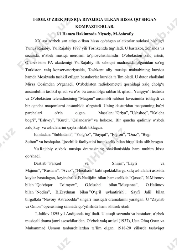 ariga bastalagan ashulalari, ”signal” (xalq so‘zi), ”dovruq” (k.ahmadiy she’ri), ”aziz vatanim” (habibiy), ”kokuliy” (s.zu-nunova), ”yalla” va ”o‘ynasin” (uyg‘un) kabi qo‘shiqlari ommaviylashib ketgan. s.abdulla she’riga bastalagan ”to‘ylar muborak” qo‘shig‘i nikoh to‘ylarida doimiy ravishda sevib kuylanadi. 1.2 yu.rajabiy, t.jalilov 1925-27 yillsharda o‘zbek konsert etnografik ansamblining qozoq, moskva, leningrad, baku shaharlari buylab va chet el (parij, berlin)da bergan konsertlarida faol qatnashgan. xalq raqslari jahon festvali (london 1935)da ishtirok etib oltin medalga sazovar bo‘lgan. eronga ijodiy safarga borgan konsert brigadasining o‘zbek gruppasiga rahbarlik qilgan. m.burxonov 1916 yil buxoroda tuilgan. o‘zbek kompozitori, o‘zbekistonda xizmat ko‘rsatgan san’at arboboi.. 1928-32 yillarda ustozlaridan ota jalolidin nosirov, domla halim ibodov, matyusuf harratov kabi sozanda va xonandalardan xalq musiqa merosini o‘rganadi. 1935-39 yillarda moskva konservatoriyasi qoshidagi opera studiyasida 1939-41 va 1947-49 yillarda esa moskva konservatoriyasida s.n.vasilenkodan kompozitsiya bo‘yicha ta’lim olgan. m.burxonovning kompozitorlik ijodi 1930 yillarning ikkinchi yarmidan boshlanadi. u dastlab 1935 yili “ey bulbul” (a.lohutiy 1939), “ba chashmonat qasam” (mashrab …