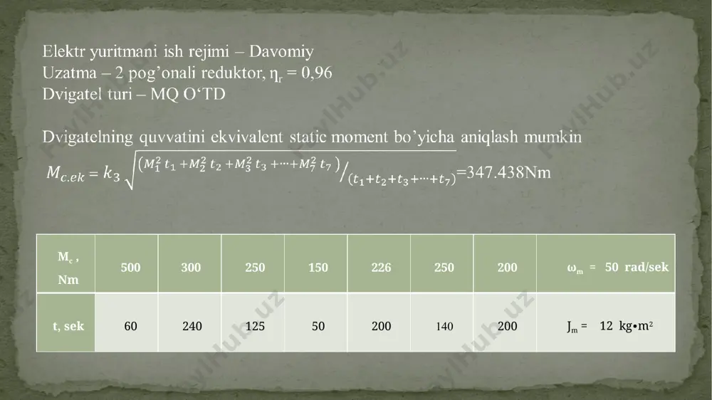 p = ω0 [ 1-(ih (r2+rp) / uh)] = 24,837 [ rad/sek ] 2-rasm: mustaqil qo’zg’atishli o’tdni tabiiy va sun’iy mexanik xarakteristikalari 10 mustaqil (paralel) qo‘zg‘atishli o‘zgarmas tok dvigatelini ishga tushirish xarakteristikalarini hisoblash va grafigini qurish tartibi. dvigatelning tabiiy xarakteristikasini quring qo’zg’atish tokining nominal qiymatini hisoblang. ibh = uh / rш = 220/44=5 [ a ] yakorning nominal tokini aniqlang: iян= ih - ibh = 106-5=101[ a ] 4. nominal qarshilik qiymatini aniqlang: rh =uh / iян = 220/101=2,178[ om ] yoki nisbiy birliklarda dvigatel qarshiligi ṙд = rд / rh = 0,19/2,178=0,087 dvigatelni 4 pog’onali qarshilik orqali ishga tushadi deb qabul qilamiz: z = 4 λ = z + 1√1 / ṙдв·i̇2 = 1,6 bu yerda i̇2 = 0,88 a o’tish toki, u 20% gacha i̇ct tokdan katta olinadi. chegara tokini hisoblaymiz: i̇1 = λ·i̇2 = 106*0,88=1,408 a ishga tushirish paytidagi to’la qarshilik: ṙ1 = 1 / i̇1 = …