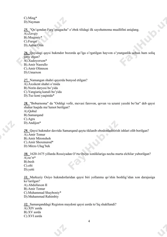 xonligida hosilning ¼ qismi uchun yollanib ishlovchi yersiz, ot-ulovsiz tabaqa nima deb atalgan? a).mardikorlar deb atalardi. b).korandalar deb atalardi. c).chorikorlar deb atalardi.* d).qo’shchilar deb atalardi. 38. "qoraqalpoqlar sahrodagi birinchi shoir ham qo’shiqchilardir, shundan keyin qirg’izlar va turkmanlar". ushbu so’zlar muallifi ko’rsatilgan javobni toping. a).berdimurod qarg’aboy o’g’li b).ajiniyoz qo’siboy o’g’li c).cho’qon valixonov* d).qaipbergen to’lepbergenov 39. xiva shahrini tashqi dushmanlar hujumidan saqlash maqsadida 6250 metrli devor barpo etgan hukmdorni aniqlang. a).olloqulixon* b).arab muhammadxon c).abulg’ozi bahodirxon d).muhammad aminxon 40. nechanchi yilda ichan qal’a butunjahon yodgorliklari ro’yxatiga kiritildi va muzeyga aylantirildi? a).1990 yilda* b).1991 yilda c).1992 yilda d).1993 yilda 41. 1507 yilda o’tkazilgan pul islohotining mohiyati qaysi javobda to’g’ri berilgan? a).mamlakatning hamma katta shaharlarida bir xil vaznga ega-5,2 grammli yangi kumush tangalar va mis chaqa pullar zarb etilishining yo’lga qo’yilishi* b).hamma shaharlarda bir xil vaznli- 5,2 grammli yangi oltin tanga va kumush chaqa pullar muomalaga kiritildi c).hamma shaharlarda bir xil vaznli-2,5 grammli yangi kumush …