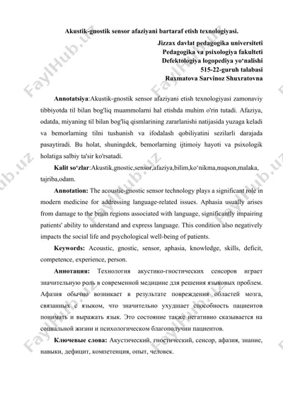 akustik-gnostik sensor afaziyani bartaraf etish texnologiyasi — DOCX