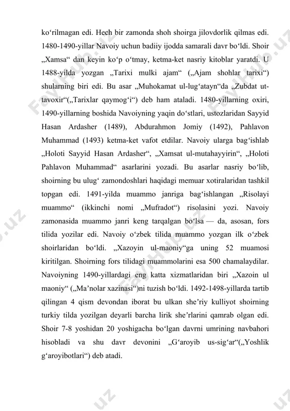 layotgan),mushabbahin bih yoki o‘xshatilmish(tasvirda qiyoslanayotgan narsa yoki hodisa),vajhi sabab yoki o‘xshatish sababi (nimaga o‘xshatishning yuzaga kelganligi)odoti tashbih(o‘xshatish vositasi) kabi to‘rt unsurga ega.agar barcha unsurlar ishtirok etsa tashbihi mufassal, agar bir ikkitasi tushib qolsa tashbihi mujmal deyiladi. kimki ko‘rsa mushk-u nob ul sunbuli serob aro, bir qaro tufroq degaykim tushdi mushki nob aro. navoiy tashbehda o’xshayotgan timsollar hayotdagi oddiy,biz bilgan narsalar dir.shuning uchun biz navoiy tilini tushunamiz,uning fikrini anglaymiz. alisher navoiy ijodida eng go‘zal san’atlardan irsoli masaldan ham mohirona foydalanilgan.bu san’at she’r baytining birinchi misrasida ifodalangan fikrga dalil sifatida ikkinchi misrada hayotiy bir hodisani misol qilib keltiradi. “navoiy ijodida mubolag‘a san’atidan ustalik bilan foydalanilgan.ma’lumki, mubolag‘a (ar. kattalashtirish, kuchaytirish) adabiy asarda tasvirlanayotgan badiiy timsol harakati yoki holatini bo‘rttirib,kuchaytirib ifodalash san’ati bo‘lib,o‘quvchi ko‘z oldida yorqinroq gavdalanadi.”funun ul-balog‘a” asarida mubolag‘a haqida shunday deydi:”bu san’at aningdek bo‘lurkim, narsaning vasfida mubolag‘ani had va g‘oyatdin o‘tkarurlar”. alisher navoiy ijodida mubolag‘aning uch turidan keng ko‘lamda foydalanilgan” [1].tablig‘(ar. yetkazmoq) …