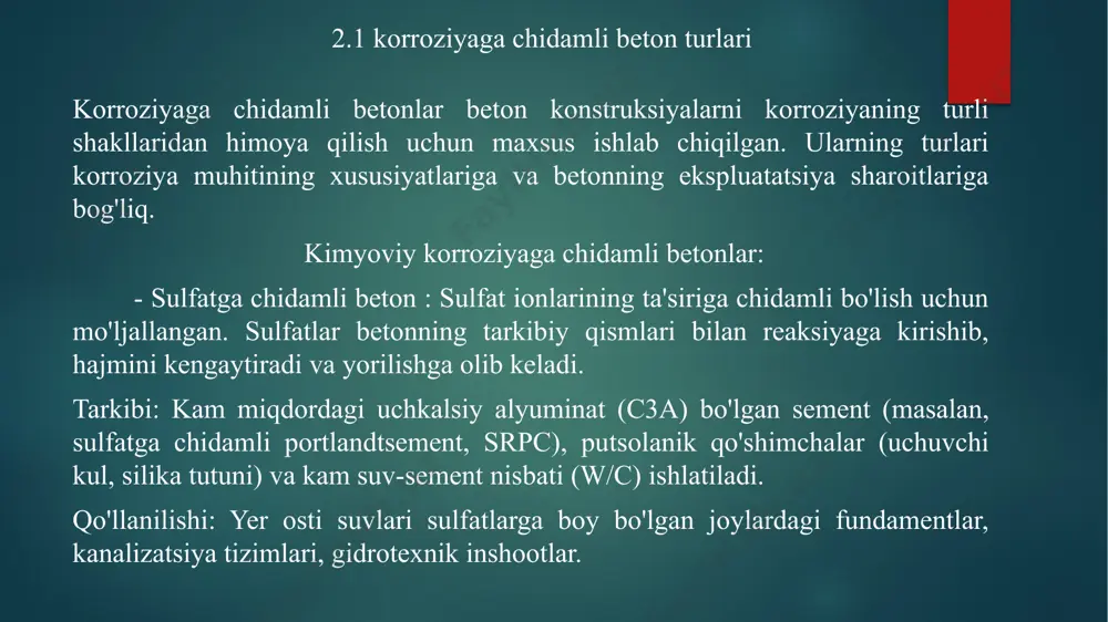 isbatini kamaytirish va maxsus qo'shimchalar ishlatish orqali ta'minlanadi. 2. yuqori elektr qarshilik: yuqori elektr qarshilik korroziya jarayonining sekinlashishiga yordam beradi, chunki ionlarning harakatini qiyinlashtiradi. 3. sovuqqa chidamlilik: agar beton muzlash va erish davrlariga duchor bo'lsa, sovuqqa chidamli bo'lishi kerak, chunki muzlash jarayoni betonning tuzilishini buzishi mumkin. 2.3 xloridli korroziyaga chidamli betonlar xloridli korroziyaga chidamli beton turlari: • yuqori zichlikli beton (hpc): suv-sement nisbati past bo'lgan va yaxshi zichlashtirilgan beton. tarkibida silika tutuni, metakaolin va boshqa mineral qo'shimchalar bo'lishi mumkin. • mineral qo'shimchalar bilan modifikatsiyalangan betonlar: • silika tutuni: betonning zichligini oshiradi va xlorid ionlarining kirib borishini kamaytiradi. • putsolanlar (uchuvchi kul, tabiiy putsolanlar): qo'shimcha sementatsiyalovchi mahsulotlar hosil qilib, betonning mustahkamligini oshiradi. • zanglamaydigan po'latdan yasalgan armaturali beton: eng samarali usullardan biri, ammo qimmatroq. • epoksi bilan qoplangan armatura: oddiy po'lat armaturaning korroziyaga chidamliligini oshirish uchun epoksi qoplamasi qo'llaniladi. xulosa xulosa qilib aytadigan bo'lsak, korroziyaga chidamli betonlardan foydalanish beton konstruksiyalarning uzoq …