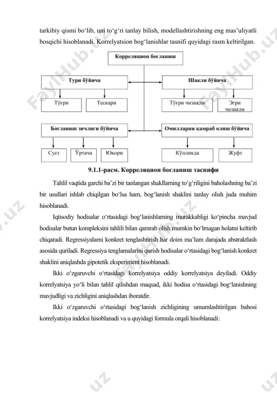 g‘lanish zichligini baholashda korrelyatsiya koeffitsiyentidan foydalanish mumkin: bu yerda, ах ва ау mos ravishda * va u o‘zgaruvchilarning o‘rtacha kvadratik chetlanishidir va ular quyidagi formulalar yordamida hisoblanadi: shuningdek, korrelyatsiya koeffitsiyentini hisoblashning quyidagi modifikatsiyalangan formulalaridan ham foydalanish mumkin: korrelyatsiya koeffitsiyenti -1<r <1 oralig‘idagi qiymatga ega bo‘ladi. korrelyatsiya koeffitsiyentining manfiy qiymati hodisalar o‘rtasida teskari bog‘lanish mavjud ekanligidan dalolat beradi. ayrim hollarda korrelyatsiyaning indeksi yoki koeffitsiyenti bilan bir qatorda, determinatsiya koeffitsiyenti d = r2 deb ataluvchi ko‘rsatkich ham aniqlanadi. determinatsiya koeffitsiyenti natija ko‘rsatkichi va variatsiyasining qaysi qismi omil ko‘rsatkichlari variatsiyasi bilan bog‘langanligini ko‘rsatadi. agar tahlil ta’sir qilayotgan omil qiymatining o‘zgarishiga muvofiq hodisalar qiymati taxminan bir tekisda o‘zgarishini ko‘rsatsa, u holda to‘g‘ri chiziqli bog‘lanish mavjudligini ko‘rsatadi. mabodo bu o‘zgarish bir tekisda bo‘lmasa, unda egri chiziqli bog‘lanish bo‘ladi. iqtisodiy tadqiqotlarda qo‘llanilayotgan korrelyatsion formulalar turli shaklga ega. iqtisodiy qatorlar dinamikasi o‘rtasidagi bog‘lanishlar chizig‘i shaklini aniqlayotganda, ko‘pchilik hollarda quyidagi shakllardan foydalaniladi: funksiyalar parametri odatda eng kichik kvadratlar …
