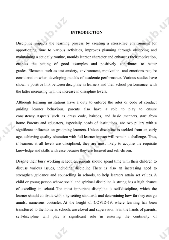 p learners attain set values. a child or young person whose social and spiritual discipline is strong has a high chance of excelling in school. the most important discipline is self-discipline, which the learner should cultivate within by setting standards and determining how far they can go amidst numerous obstacles. at the height of covid-19, where learning has been transferred to the home as schools are closed and supervision is in the hands of parents, self-discipline will play a significant role in ensuring the continuity of learning.punishment is used as a tool to inculcate discipline. it can be either positive or negative. physical or corporal punishment includes caning, physical labour such as watering school gardens or cutting grass, kneeling or walking on knees, or doing push-ups. as part of enforcing the conventions on children’s rights, several countries have abolished corporal punishment in schools, although the illegal practice is still common …