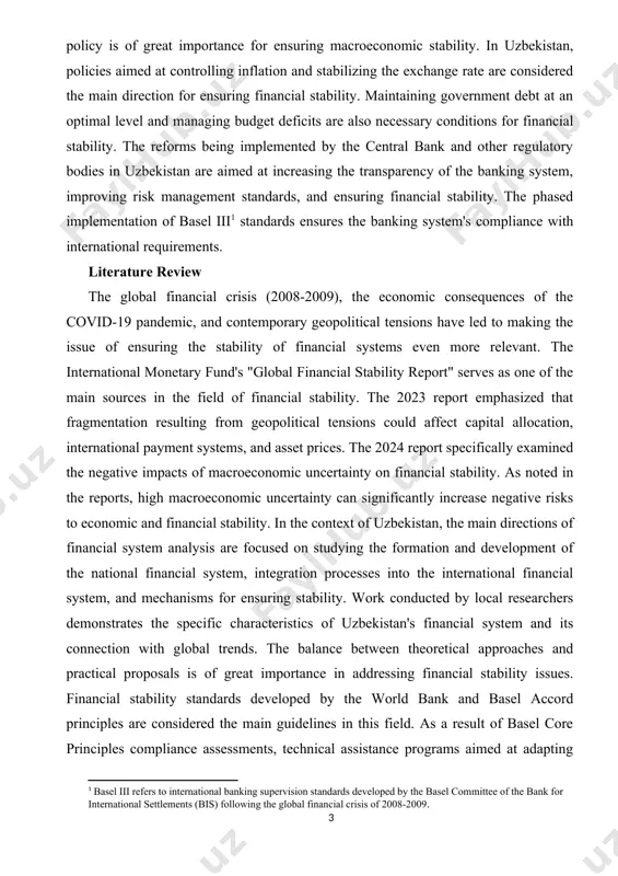 , financial crises in major economies can negatively affect the national financial system through sudden stops in capital flows. the increase in the level of banking service utilization in uzbekistan, particularly the expansion of financial services in rural areas, serves to ensure economic equality and strengthen social stability. this, in turn, plays an important role in ensuring political stability and social peace. furthermore, coordination of fiscal policy and monetary policy is of great importance for ensuring macroeconomic stability. in uzbekistan, policies aimed at controlling inflation and stabilizing the exchange rate are considered the main direction for ensuring financial stability. maintaining government debt at an optimal level and managing budget deficits are also necessary conditions for financial stability. the reforms being implemented by the central bank and other regulatory bodies in uzbekistan are aimed at increasing the transparency of the banking system, improving risk management standards, and ensuring financial stability. the …