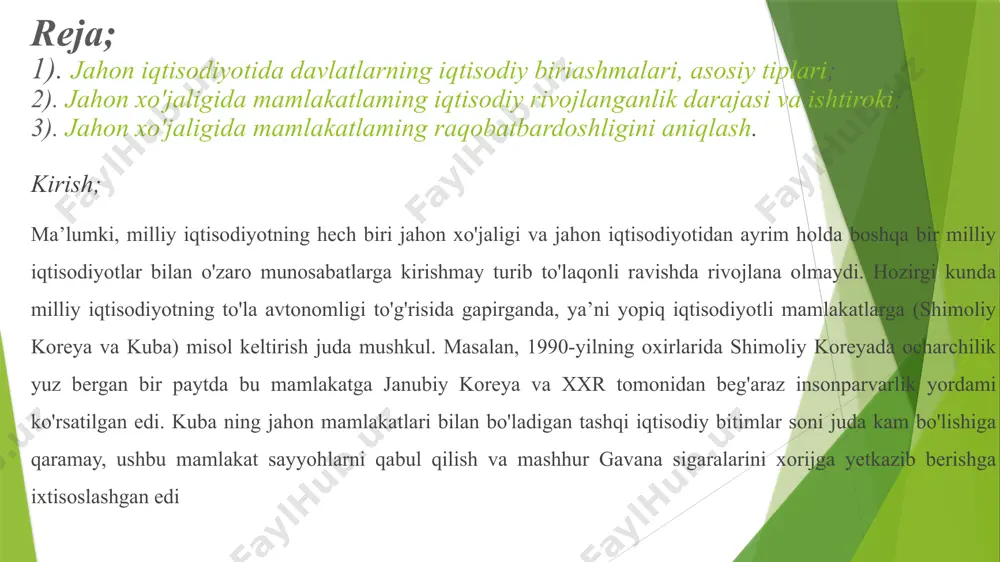 h.k.larni kiritish mumkin. bundan tashqari, makroiqtisodiy ko'rsatkichlami baholashda inflatsiya va ishsizlikning o'sish sur’ati, foiz stavkasi darajasi, soliq stavkalari, milliy valuta kursining yetakchi mamlakatlar valutalariga nisbatan o'zgarish dinamikasi va boshqa nisbiy ko'rsatkichlardan ham foydalaniladi. shuni ta’kidlab o'tish joizki, jahon mamlakatlarini o'zaro solishtirishda aholining savodxonlik darajasi, ijtimoiy rag'batlantirish va nafaqa miqdori, o'rtacha umr ko'rish davri kabi ko'rsatkichlari ham inobatga olinadi. jahon mamlakatlarini guruhlarga ajratishda turli mezonlardan ham keng foydalaniladi. ana shunday mezonlardan biri hududiy yondashuvdir. mamlakatlar qit’alar bo'yicha guruhlanadi. misol uchun yevropa qit’asini g'arbiy, markaziy va sharqiy yevropaga ajratib, iqtisodiy jihatdan o'rganish, tahlil qilish maqsadga muvofiqdir. jahon xo'jaligida mamlakatlaming iqtisodiy rivojlanganlik darajasi va ishtiroki ma’lumki, jahon iqtisodiyotida ishlab chiqarish omillarning va |mamlakatlarning rivojlanish shart-sharoitlarini turli-tumanligi iqtisodiy rivojlanish darajasini bir tomonlama baholash imkonini bermaydi. buning uchun jahon iqtisodiyotida bir qator asosiy ko‘rsatkichlardan foydalaniladi. jumladan: aholi jon boshiga to'g'ri keladigan yalm yoki yamm miqdori. aholi jon boshiga to‘g‘ri keladigan milliy daromad. milliy iqtisodiyotning tarmoq …