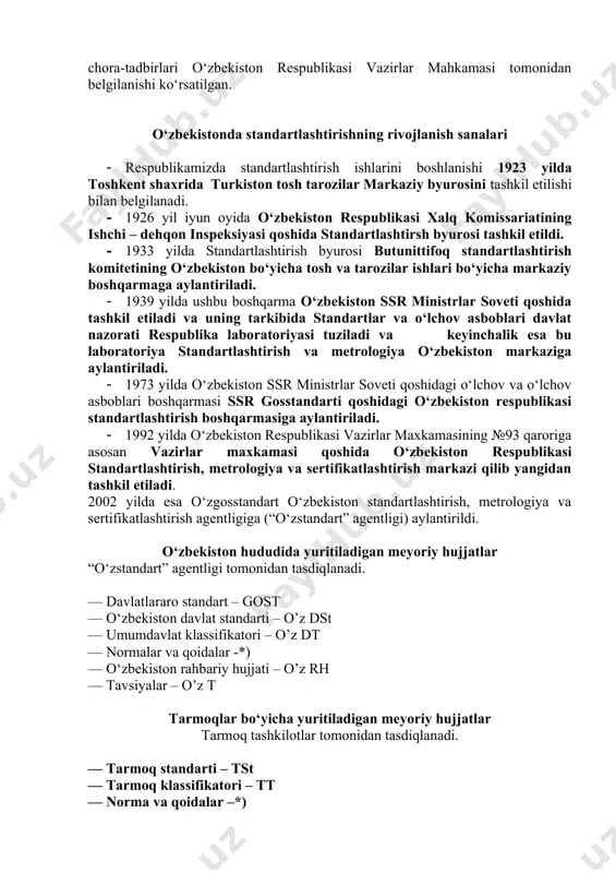 i davlat standartlashtirish tizimi faoliyat ko‘rsatadi. shuningdek, qonunga muvofiq davlat boshqaruv organlari o‘z vakolatlari doirasida standartlar va texnik shartlarni ushbu qonunni qo‘llashga doir yo‘riqnomalar va izohlarni ishlab chiqadilar, tasdiqlaydilar, nashr etadilar. standartlarni nashr qilish va qayta nashr etishni ularni tasdiqlagan organlar amalga oshiradilar. ma’lumki, o‘zbekiston respublikasida standartlashti-rishga doir meyoriy hujjatlar, shuningdek standartlashtirish qoidalari, normalari, texnik-iqtisodiy axborot klassifikator-larini ishlab chiqish va qo‘llash tartibi “o‘zstandart” tomonidan belgilanadi. qonunning ii bo‘lim 6-moddasiga binoan standartlashti-rishga doir meyoriy hujjatlar vatanimiz hamda chet el fan va texnikasining zamonaviy yutuqlariga asoslangan va o‘zbekiston respublikasining manfaatlari himoya qilinishini va ishlab chiqarilayotgan mahsulotning raqobat qila olish imkonini ta’minlash uchun asosli hollarda standartlarda istiqbolga mo‘ljallangan, an’anaviy texnologiyalarning imkoniyatlaridan ildamlashgan dastlabki talablar belgilab qo‘yilishi alohida ko‘rsatilgan. qonunda davlat yo‘li bilan stndartlashtirish va nazorat qilishga doir ishlarning moliyaviy ta’minoti, mahsulot ishlab chiqarishni amalga oshirayotgan va mahsulotlarni standartlarga muvofiqlik belgisi bilan tamg‘alash huquqini olgan xo‘jalik faoliyati subektlarini iqtisodiy qo‘llab-quvvatlash va rag‘batlantirish chora-tadbirlari o‘zbekiston …