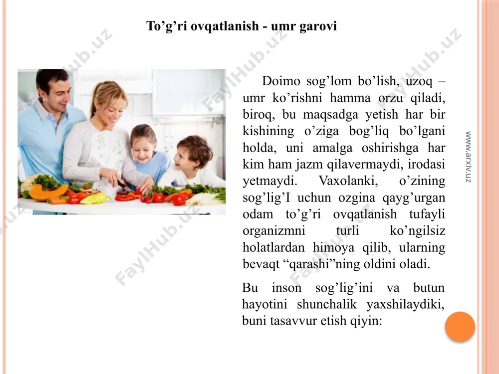 uchun ovqat tarkibidagi kimyoviy moddalar-energiya manbaidir. 3. qabul qilingan ovqat haqidagi informatsiyani (axborotni) tahlil qilinishi. qabul qilingan ovqat hazm tizimining turli bo’limlarida mexanik, kimyoviy ishlovlar ta’sirida parchalanadi, qonga so’riladi va qon bilan butun tanaga tarqaladi. demak oziq moddalar nafaqat trofik funksiyasini bajarishda, balki energetik manbaa bo’lib, jismoniy mehnat uchun ishlatiladi. to’yinish hissi ovqatni qabul qilgandan 20 daqiqadan so’ng o’tgach paydo bo’ladi. ovqatni to’g’ri chaynashiga ahamiyat berish lozim. tez chaynash natijasida to’yinish haqida signal gumoral yo’li bilan emas, balki oshqozon cho’zilishi tufayli ro’y beradi. ovqat orqali ochlik qondirilishi lozim. www.arxiv.uz image2.jpeg image3.jpeg image4.jpeg image5.png image6.jpeg image7.jpeg image8.jpeg image9.jpeg image10.jpeg image11.jpeg