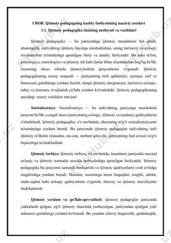 r bir insonning huquqlarini hurmat qilish, tenglikni ta'minlash va ijtimoiy yordamga muhtojlarga yordam berish asosida faoliyat olib boradilar. demokratik tamoyil: ijtimoiy pedagogikada demokratik tamoyil shundaki, har bir shaxsning fikri va ijtimoiy o'rni hurmat qilinishi kerak. shaxsning mustaqil fikr yuritishi, o'z huquqlarini bilishi va ularni amalga oshirishda ishtirok etishi muhim. bu tamoyilga ko'ra, ijtimoiy pedagoglar shaxslarni ijtimoiy hayotga faol ravishda jalb qiladilar. individual yondashuv tamoyili: ijtimoiy pedagogika har bir shaxsning o'ziga xos xususiyatlarini inobatga olishni talab qiladi. bu tamoyilga ko'ra, har bir insonning ehtiyojlari, qobiliyatlari va imkoniyatlari hisobga olinishi kerak. pedagoglar, shaxsga mos tarzda yordam berish uchun, har bir individni yaxshiroq tushunishga harakat qiladilar. integratsiya tamoyili: ijtimoiy pedagogika jamiyatning turli guruhlarini, jumladan, inklyuziv ta'limni ta'minlashni maqsad qiladi. bu tamoyilga ko'ra, ijtimoiy yordam faqatgina muhtoj guruhlar uchun emas, balki jamiyatdagi barcha insonlar uchun bir xil darajada taqdim etilishi kerak. ijtimoiy pedagogikaning asosiy yo'nalishlari bolalar va yoshlarni ijtimoiylashuvi: bolalar va yoshlar ijtimoiy pedagogikaning …