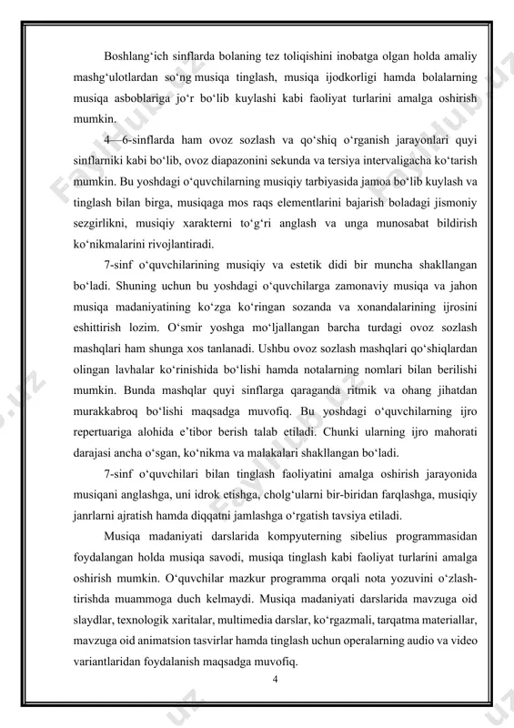 hamda diqqatni jamlashga o‘rgatish tavsiya etiladi. musiqa madaniyati darslarida kompyuterning sibelius programmasidan foydalangan holda musiqa savodi, musiqa tinglash kabi faoliyat turlarini amalga oshirish mumkin. o‘quvchilar mazkur programma orqali nota yozuvini o‘zlashtirishda muammoga duch kelmaydi. musiqa madaniyati darslarida mavzuga oid slaydlar, texnologik xaritalar, multimedia darslar, ko‘rgazmali, tarqatma materiallar, mavzuga oid animatsion tasvirlar hamda tinglash uchun operalarning audio va video variantlaridan foydalanish maqsadga muvofiq. musiqa madaniyati darslarida internet tarmog‘idan foydalanish o‘quvchilarda qiziqishni oshirib, ularning dunyoqarashini shakllanishiga yordam beradi. internet tarmog‘idan foydalanishda quyidagilar tavsiya etiladi: 1. internet tarmog‘idan foydalangan holda musiqa tinglash uchun sinf fonotekasini tashkil etish. 2. enkor, sibelius (notalarni terish, notali matnlar ijrosi) dasturlaridan foydalanib darslarni tashkil etish. 3. musiqa madaniyati faniga oid yangiliklarni izlab topish va amaliyotga joriy etish. 4. ta’lim saytlaridan foydalangan holda kerakli manba va ma’lumotlarni o‘quvchilarga o‘rgatish. 5. internet tarmog‘idan foydalangan holda fanga oid turli tadbirlar, konferensiyalar va videoroliklarni masofaviy ta’lim asosida amalga oshirish. maktabda musiqa ta’limining …