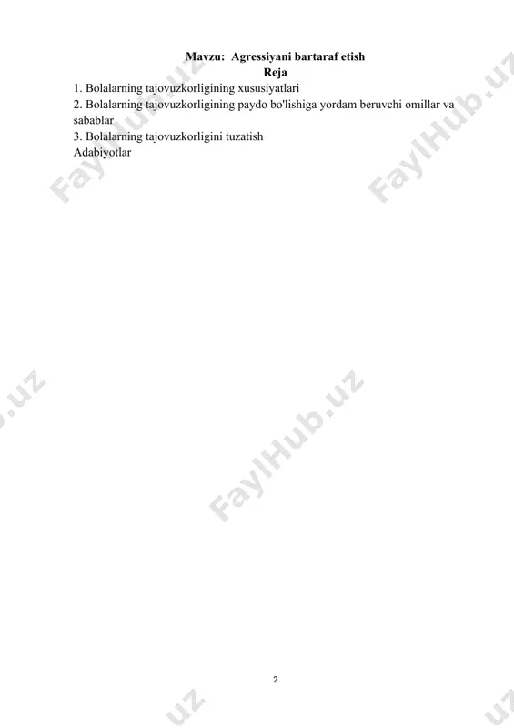 ning sog'lig'iga putur etkazadi va ularni nazorat qilish qiyin bo'lgan hayajon holatiga olib keladi. bundan tashqari, tajovuzkorlik barqaror shaxsiy xususiyatga aylanib, keyingi yosh davrlarida ushbu bolalarning shaxsiy rivojlanishi va qulay ijtimoiylashuvi jarayonlariga salbiy ta'sir qiladi . bolalarda tajovuzkorlikning kuchayishi eng o'tkir muammolardan biridir. mavzuning dolzarbligi shubhasizdir, chunki bunday xulq-atvorga ega bo'lgan bolalar soni tez sur'atlar bilan o'sib bormoqda. shunday qilib, mening ishimning maqsadi bolalarning tajovuzkorligining xususiyatlarini va uni tuzatish usullarini o'rganishdir. 1. bolalarning tajovuzkorligining xususiyatlari barcha tajovuzkor bolalarda umumiy narsa bor - boshqa odamlarni tushuna olmaslik. bu o'z-o'zini hurmat qilishiga ham, bolaning guruhdagi haqiqiy mavqeiga ham bog'liq emas. bu bolaning o'zini o'zi anglashining maxsus tuzilishiga asoslanadi: u faqat o'ziga bog'langan va boshqalardan ajratilgan. boshqa odamlar unga uning hayotidagi maqsadlariga erishishga xalaqit beradigan yoki unga etarlicha e'tibor bermaydigan yoki unga zarar etkazishga harakat qiladigan holatlar sifatida ko'rinadi. boshqalardan adovatni kutish, bunday bolaga boshqasini butun to'liqligi va butunligi bilan ko'rishga, u bilan …