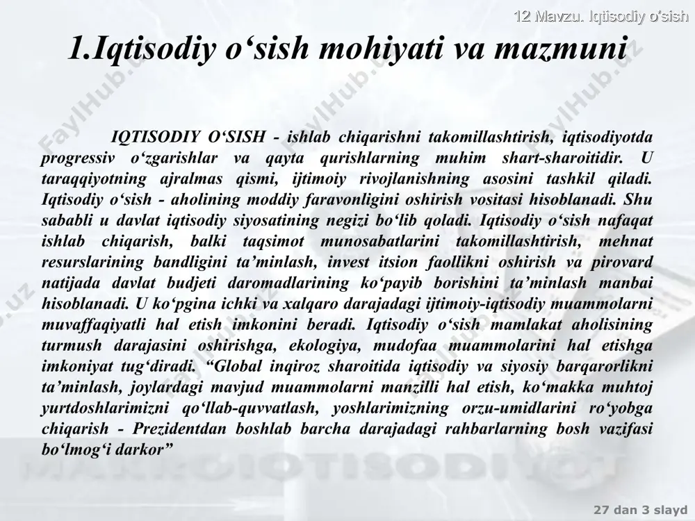 , world bank 2 xaridorlik qobiliyat pariteti.. mamlakatlar guruhlari aholi jon boshiga yamm, $ xqp hisobi bilan aholi jon boshiga yamm , $ 2000-2001 yy. yaim o’rtacha yillik o’sishi, % past daromadli mamlakatlar 430 2040 2.4 o’rta daromadli mamlakatlar, shu jumladan: 1850 5710 1.7 o’rta darajadan past bo’lganlar 1240 5020 3.3 o’rta darajadan yuqori bo’lganlar 4460 8730 -0,5 yuqori daromadli mamlakatlar 26710 27680 0,6 dunyo bo’yicha o’rta hisobda 5140 7570 0,2 27 dan * slayd 12 mavzu. iqtisodiy o’sish iqtisodiy o’sish modellari neoklassik: neokeynsian : r.solou, y.mid, a.levis va boshq. r.solou modelida aholining turmush darajasida va uning uzgarishida jamg’arma, mehnat resurslarning o’sishi va texnologik taraqqiyotning ta’siri aniqlanadi r.xarrod, e.domar va boshq. xarrod-domar modellida iqtisodiy o’sish daromad darajasi bilan belgilangan talab orqali tahlil qilinadi/ iqtisodiy o’sishining asosiy omili sifatida investitsiyalar qabul qilinadi, chunki darimad va darajasi jami talab kapital zariralariga bog’likdir 27 dan * slayd 12 mavzu. iqtisodiy o’sish soloy modeli …