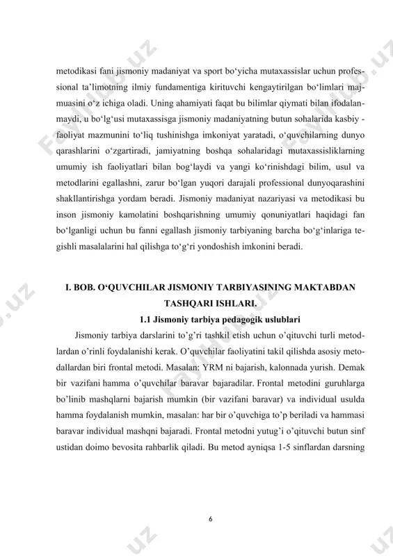 mashqlarni bajarish mumkin (bir vazifani baravar) va individual usulda hamma foydalanish mumkin, masalan: har bir o’quvchiga to’p beriladi va hammasi baravar individual mashqni bajaradi. frontal metodni yutug’i o’qituvchi butun sinf ustidan doimo bevosita rahbarlik qiladi. bu metod ayniqsa 1-5 sinflardan darsning tayyorlov va yakuniy qismida qo’llaniladi, guruhli metodi; bolalarni bir necha guruhlarga bo’lish bilan xarakterlanadi. bu metoddan foydalanishda: a) butun guruh tomonidan bir vaqtda va navbatma navbat (bittadan, ikkitadan) bajariladigan usullarni qo’llash mumkin; o’qituvchi komandasi bo’yicha guruhlardagi vazifalar almashib turiladi. by metodni yutug’i o’qituvchiga kerakli straxovkani taьminlovchi murakkab mashqlarni bajaruvchi o’quvchilarga e’tibor berishga imkoniyat yaratadi. o’qituvchi yangi mashqlar o’rganilayottan va straxovka talab etiladigan guruhda bo’ladi, qolgan guruhlarda maxsus tayyorlangan yordamchi o’quvchilar boshqaradi.individual metodi har bir o’quvchi o’z vazifasini olib uni mustaqil bajaradi. o’qituvchi ayrim shug’ullanuvchilarning ishiga rahbarlik qiladi. aylanma trenirovka metodi jismoniy sifatlarni kompleks rivojlantirishga yo’naltirilgan vazifalar seriyasini bajarish so’nggi yillarda uzluksiz va interval metodi asosida aylanma trenirovka metodi shaklida …