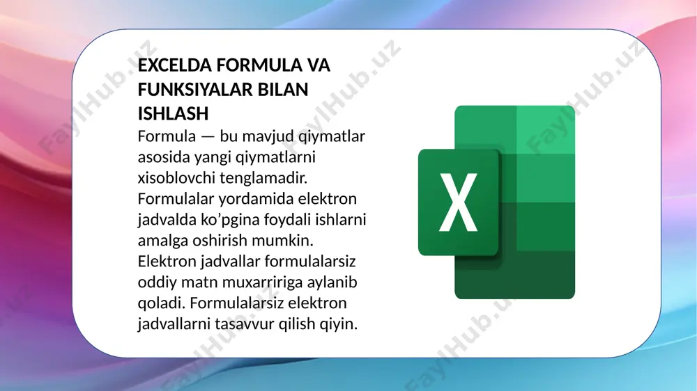 htirnoq ichiga olinib ko’rsatiladi. boshqa ishchi kitob yacheykalariga ma'lumotlarni o’tkazish uchun quyidagi bichimlardan foydalaniladi: q[ishchi kitob nomi] varaq nomi! yacheyka manzili yacheyka manzili oldiga ishchi kitob nomi yozilib, kvadrat kavslarga olinadi va ishchi jadval nomi undov belgisi yordamida ko’rsatiladi. masalan, q[byudjet.xls]list1!a1 agar ishchi kitob nomida bir yoki bir nechta bushliq bulsa, u xolda uning nomi bittali qushtirnoq ichiga olinishi kerak. masalan, qa1* '[byudjet na 1999]list1!'a1 e`tiboringiz uchun rahmat image1.png image2.png image3.png image4.png image5.png image6.png image7.png image8.png image9.png image10.png /docprops/thumbnail.jpeg