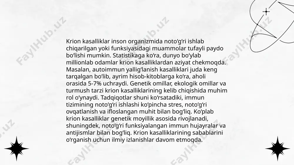 qlar ham tavsiya etiladi. regulyar davolash rejalariga rioya qilish muhim ahamiyatga ega va bemorlarning hayot sifatini yaxshilashga yordam beradi. ... t.me/slaydai_bot 8. oziqlanish va krion kasalliklari mavzusida, noto'g'ri oziqlanish oila va umuman jamiyat sog'lig'iga salbiy ta'sir ko'rsatadi. yomon ovqatlanish bolalarda krion kasalliklari, masalan, anemiya, vitamin d tanqisligi, va oqsillar yetishmovchiligi kabi muammolarga olib kelishi mumkin. masalan, jahon sog'liqni saqlash tashkiloti (who) ma'lumotlariga ko'ra, bolalar o'limining 45% noto'g'ri oziqlanish bilan bog'liq. o'zbekistonda, o'smir qizlarning taxminan 30% anemiyadan aziyat chekmoqda. organizmdagi kerakli vitamin va mineral yetishmovchiligi, jismoniy va aqliy rivojlanishga to'sqinlik qiladi. shu bois, sog'lom va balanslangan ovqatlanish, meva, sabzavot, go'sht, va sut mahsulotlarini kiritish muhimdir. profilaktika choralarini ko'rish, sog'liqni saqlash tizimida muhim ahamiyatga ega. ... t.me/slaydai_bot genetik sabablarga ko‘ra, krion kasalliklari ko‘pincha irsiy kasalliklar sifatida kuzatiladi. bu kasalliklar genlardagi mutatsiyalar tufayli kelib chiqadi. misol uchun, duchenne mushak distrofiyasi, sistik fibroz, va xavfli hujayralarning o‘sishi mumkin bo‘lgan brca genlaridagi o‘zgarishlar krion kasalliklariga …