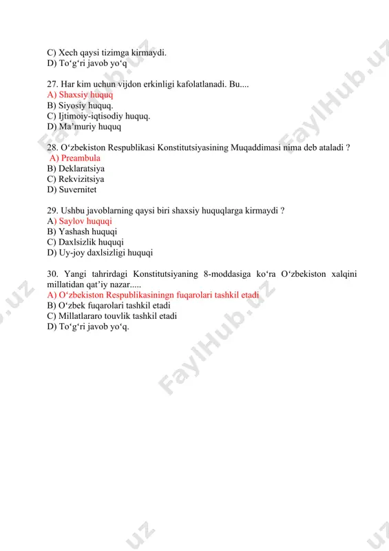 oʻzbekiston respublikasining konstitutsiyasi boʻyicha test savollari - Page 5