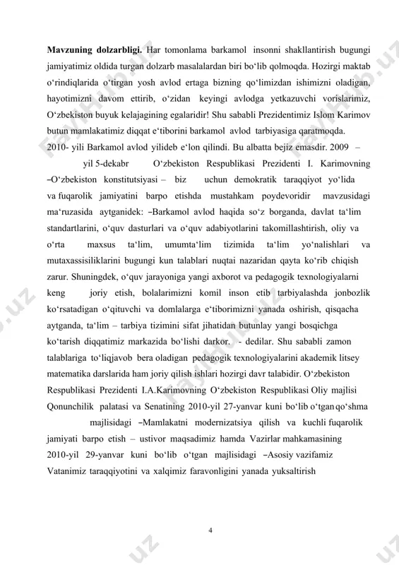 assisiliklarini bugungi kun talablari nuqtai nazaridan qayta ko‘rib chiqish zarur. shuningdek, o‘quv jarayoniga yangi axborot va pedagogik texnologiyalarni keng joriy etish, bolalarimizni komil inson etib tarbiyalashda jonbozlik ko‘rsatadigan o‘qituvchi va domlalarga e‘tiborimizni yanada oshirish, qisqacha aytganda, ta‘lim – tarbiya tizimini sifat jihatidan butunlay yangi bosqichga ko‘tarish diqqatimiz markazida bo‘lishi darkor. - dedilar. shu sababli zamon talablariga to‘liq javob bera oladigan pedagogik texnologiyalarini akademik litsey matematika darslarida ham joriy qilish ishlari hozirgi davr talabidir. o‘zbekiston respublikasi prezidenti i.a.karimovning o‘zbekiston respublikasi oliy majlisi qonunchilik palatasi va senatining 2010-yil 27-yanvar kuni bo‘lib o‘tgan qo‘shma majlisidagi ―mamlakatni modernizatsiya qilish va kuchli fuqarolik jamiyati barpo etish – ustivor maqsadimiz hamda vazirlar mahkamasining 2010-yil 29-yanvar kuni bo‘lib o‘tgan majlisidagi ―asosiy vazifamiz vatanimiz taraqqiyotini va xalqimiz faravonligini yanada yuksaltirish 1 mavzularidagi ma‘ruzalari mazmun-mohiyati va undagi xulosalarni o‘rganish yuzasidan vazirlar mahkamasining 2010-yil 23-fevraldagi 101-f –sonli farmoyishi bilan bilan tasdiqlangan tashkiliy tadbirlarni amaliyotga joriy etish jamiyatimizdagi kun tartibidagi bosh …