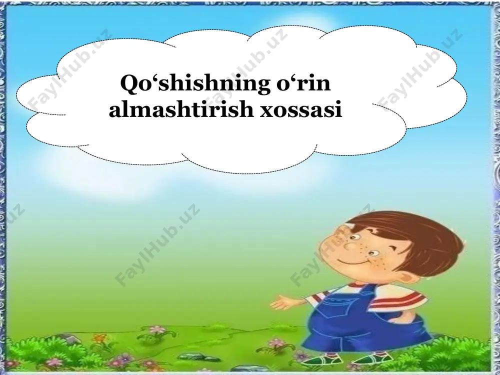 n almashtirish xossasi 1-misol dam olish daqiqasi yomg’ir metodi qanday shakllarni ko’ryapsiz e’tiboringiz uchun rahmat!