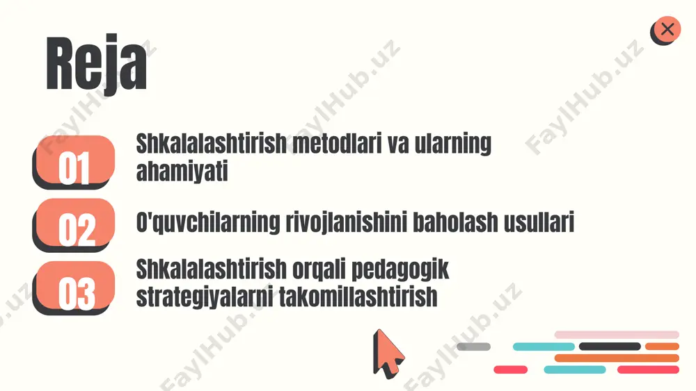 inlaydi, lekin individual yondashuvni yo'qotishi mumkin. amaliyotda shkalalashtirishni qo'llash o'qituvchilar shkalalashtirish metodlarini qo'llashda ko'plab misollarni keltirishi mumkin. masalan, talabalar bilimini baholash uchun 5 balli tizimdan foydalanish. bu metodning afzalliklari shundaki, u talabalarni o'z bilimlarini yaxshilashga rag'batlantiradi va o'qituvchiga har bir talabani individual ravishda baholash imkonini beradi. biroq, shkalalashtirish metodlarining ba'zi kamchiliklari ham mavjud. ba'zan bu tizim talabalar o'rtasida raqobatni oshirishi mumkin, bu esa stressni keltirib chiqaradi. o'quvchilarning rivojlanishini baholash metodlari o'quvchilarning rivojlanishini baholashda bir necha asosiy metodlar mavjud. ushbu metodlar quyidagilarni o'z ichiga oladi: 1. **nazorat usullari:** bu usullar o'quvchilarning bilim va ko'nikmalarini baholashda muhim ahamiyatga ega. nazorat usullariga dars davomida olib boriladigan og'zaki va yozma nazoratlar, shuningdek, muntazam ravishda o'tkaziladigan imtihonlar kiradi. bu usullar o'quvchilarning o'zlashtirish darajasini aniqlashda yordam beradi. 2. **testlar:** standart testlar o'quvchilarning bilimlarini baholash uchun keng tarqalgan usuldir. ular o'quv dasturi asosida yaratiladi va o'quvchilarning ma'lum bir mavzudagi bilim darajasini o'lchaydi. testlar oson analitik ma'lumotlarni taqdim …