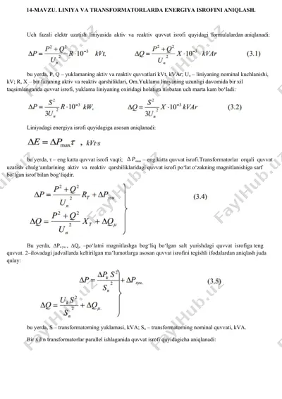 liniya va transformatorlarda energiya isrofini aniqlash — DOCX