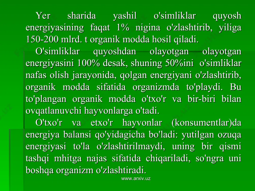 ” qonunini qabul qildi. www.arxiv.uz www.arxiv.uz www.arxiv.uz www.arxiv.uz o`zbekiston hayvonlari tabiatning xarakatchan unsuri hisoblanib, geografik muxitning ajralmas bir qismi sifatida jumhuriyatimiz landshafti tarkibiga kiradi. o`zbekiston hududining kattaligi, tabiati hamda rivojlanish tarixi uning hamma qismida bir xil emasligi, shuningdek, kishilarning xo`jalik faoliyati hayvonlarning tarkibi va geografik tarqalishiga ta`sir etgan. buning ustiga o`zbekiston hududining 71 % ni tashkil etgan cho`lli qismida hayvonlar yozning jazirama, davomli quruq kunlariga, suvsizlikka, ko`chib yuruvchi qumlarga mosdashgan. www.arxiv.uz www.arxiv.uz o`zbekiston faunasining o`ziga xos tomoni shundayki, uning turlari ko`p bo`lib, sutemizuvchilarning 97 turi, sudralyb yuruvchilarning 57 turi, quylarning 410 turi mavjud. o`zbekiston xayvonlari paleoarktika zoogeografik oblastning markaziy osiyo kichik oblastiga kiradi. jumhuriyat hayvonot dunyosi juda qadimiyligi bilan ajralib turadi. ba`zi xayvon turlari jumhuriyat xududining o`zida paydo bo`lsa, ba`zi turlari turkistonning boshqa joylaridan o`tgan. www.arxiv.uz www.arxiv.uz o`zbekiston xududida paydo bo`lgan hayvon turlariga ingichka barmoqli yumronqoziq, ko`k sug`ur, bobrinskiy qo`shoyog`i, xo`jasavdogar, qum bo`g`ma iloni, turkiston gekkoni, turkiston agamasi, katta kurakburun …