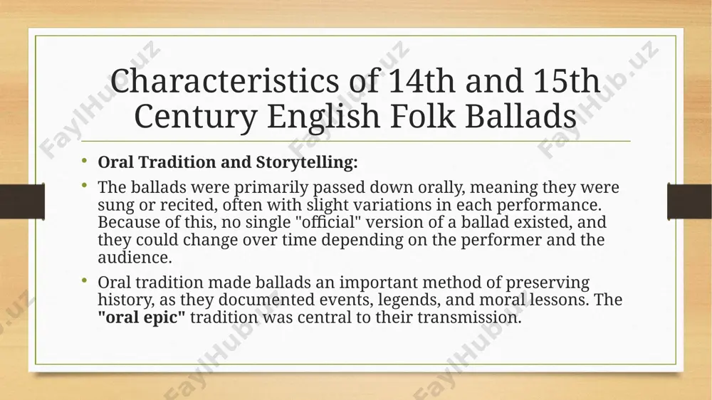 nd historical context medieval society and folk ballads: in the 14th and 15th centuries, england was largely rural, with a largely illiterate population. as a result, oral storytelling was an essential form of entertainment and education. ballads often reflected the concerns and emotions of common people. they could serve as social commentary on issues like economic hardship, corruption, and social injustice, and were frequently critical of the aristocracy or clergy. the role of ballads in medieval life: folk ballads played an important role in communal life. they were sung at social gatherings, festivals, and even in the home. they were a shared cultural experience, uniting communities through storytelling. the themes of the ballads often aligned with the deeply religious and superstitious worldview of medieval england, where fate and divine intervention were thought to influence daily life. legacy of the english folk ballads the folk ballads of the 14th and 15th …