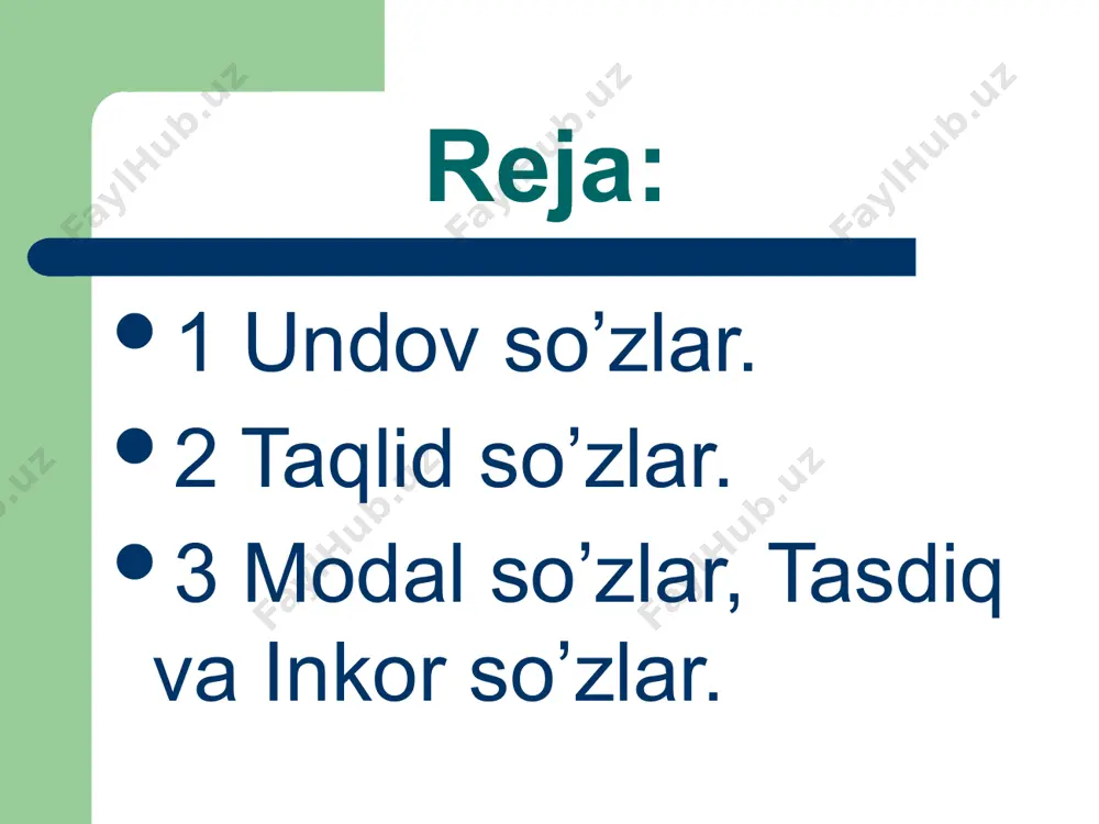 nday bo’lardi. taqlid so’zlarning tuizilishi va imlosi. asosiy qismning aynan takrorlanishidan yoki ayrim tovush o’zgarishi bilan takrorlanishidan hosil bo’lgan taqlid so’zlar takroriy taqlid so’zlar sanaladi. masalan: gumbur-gumbur, taq-tuq, chars-churs. takroriy taqlid so’zlar qismlari chiziqcha bilan ajratib yoziladi. ifodalanilayotgan fikrga so’zlovchining munosabatini (ishonch, gumon,achinish kabi) bildirgan so’zlarga modal so’zlar deyiladi. образец текста второй уровень третий уровень четвертый уровень пятый уровень misollar: xullas, har kuni buvisi nevarasiga bitta yangi ibratli ertak aytib beradigan bo’libdi. avvalo, insonning qalbi go’zal bo’lmog’ii kerak. xayriyat, odamlarimizga insof va diyonat qaytib kelmoqda. ularga qarshi kurashish hammamizning burchimiz,albatta. modal so’zlarning ma’no turlari. modal so’zlar bayon qilinayotgan fikrga so’zlovchining ishonch, gumon, quvonch, afsuslanuvchi munosabatlarni yoki fikrning tartibi, xulosasini bildiradi. modal so’zlar gap tarkibida boshqa so’zlardan vergul bilan ajratiladi. sof va vazifadosh modal so’zlar. modal so’zlar ham sof modal so’zlar va vazifadosh modal so’zlarga bo’linadi. faqat modal ma’no uchun xoslangan so’zlar sof modal so’zlar sanaladi: darhaqiqat, haqiqatdan, afsuski, avvalo avvalambor, …