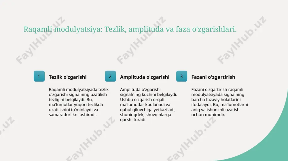 yligi sababli, uni amalga oshirish oson. bu, foydalanuvchilar uchun kam xarajat va tezkor muhandislik yechimlarini taqdim etadi. 2 kam signal kuchi ask usuli past signal kuchiga ega. bu, shovqinli muhitda signalning yo'qolishiga olib kelishi mumkin, bu esa aloqa sifatini pasaytiradi. 3 tezlikni oshirish ask yuqori tezlikda ma'lumot uzatishga imkon beradi, ammo bu faqat signal kuchi va sifatini saqlagandan keyin amalga oshiriladi. amplitude shift keying: ilovalar va real hayotdagi misollar. 1 teleko'rgazmalar amplitude shift keying (ask) texnologiyasi, teleko'rgazma tizimlarida raqamli ma'lumotlarni uzatishda qo'llaniladi, samarali va ishonchli aloqani ta'minlaydi. 2 radioaloqa ask, radioaloqa tizimlarida ko'pincha ishlatiladi, masalan, fm radiosi va mobil aloqa tarmoqlarida, signal uzatishda yuqori samaradorlik ko'rsatadi. 3 ma'lumot uzatish ask usuli, shuningdek, ma'lumot uzatish protokollarida qo'llaniladi, masalan, modemsiz internet ulanishlarida tezlikni oshirish uchun samarali tizimlarni taqdim etadi. ask usulining boshqa modulyatsiya turlari bilan taqqoslanishi. ask va psk amplitude shift keying (ask) va phase shift keying (psk) o'rtasidagi farq, signalning amplitudasi …