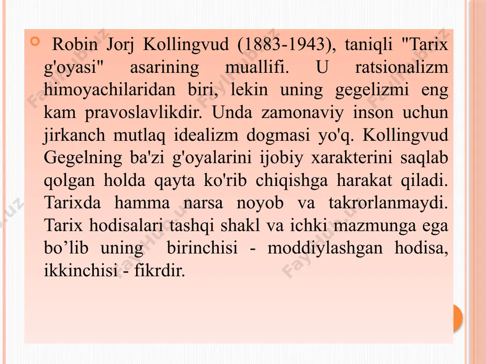 da mavjuddir". oxir oqibat, tarix "aqlning o'zini o'zi bilishi" bo'lib chiqadi. r.j.kollingvudning tushunish kontseptsiyasida hamma narsa shubhasiz emas, lekin uning intellektual halolligi, tarix fanining ratsionalligini himoya qilish pozitsiyasi o'ziga jalb qiladi. tarixchi fikrlarni o'z bilimlari kontekstida takrorlashi kerak va ularni takrorlash orqali tanqid qiladi,qiymatiga o'z bahosini beradi, ularda topishi mumkin bo'lgan barcha xatolarni tuzatadi. 1. tarixni rivojlanish jarayoni sifatida tushunish kerak.tarix fan sifatida inson ruhining o'zgarmas ob'ekti bilan shug'ullanmaydi, faqat "inson ongining o'z tarixining ma'lum bir bosqichidagi zabtlarini tavsifi" bilan shug'ullanadi. 2. tarix - rivojlanish tajribasi. o'tmishdagi tafakkur tizimlari o'zining qat'iy tarixiy xarakteriga ko'ra avlodlar uchun qimmatli bo'lib qoladi. “... o'tmish o'lik emas; uni tarixan anglagan holda, biz uni zamonaviy tafakkurga kiritamiz va bu merosni rivojlantirish, tanqid qilish, taraqqiyotimiz uchun foydalanish imkoniyatini ochamiz. kollingvudning keyingi asarlarining pafosi ilmiy tarixshunoslikni himoya qilish bo'lib, u tarixiy bilimlar tarixining ikki asosiy bosqichiga - to'plash va tanqidiylikka qarshi turadi. kollingvud ilmiy tarixshunoslikka oʻtishni 19-asrning …