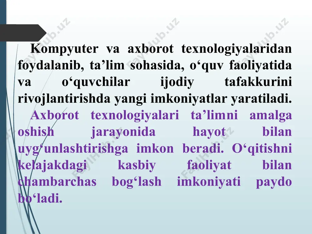 aradi. talim jarayonida o’quvchi asosiy figuraga aylanadi. pedagogik texnologiya va pedagog mahoratiga oid bilim, tajriba va interaktiv metodlar o’quvchilarni bilimli, yetuk malakaga ega bo’lishlarini taminlaydi. innovatsiya (inglizcha innovation) – yangilik kiritish, yangilikdir. innovatsion texnologiyalar pedagogik jarayon hamda o’qituvchi va o`quvchi faoliyatiga yangilik, o’zgarishlar kiritish bo’lib, uni amalga oshirishda asosan interaktiv metodlardan to’liq foydalaniladi. interaktiv metodlar – bu jamoa bo’lib fikrlash deb yuritiladi, yani pedagogik tasir etish usullari bo’lib talim mazmunining tarkibiy qismi hisoblanadi. bu metodlarning o’ziga xosligi shundaki, ular faqat pedagog va o’quvchining birgalikda faoliyat ko’rsatishi orqali amalga oshiriladi. bunday pedagogik hamkorlik jarayoni o’ziga xos xususiyatlarga ega bo’lib, ularga quyidagilar kiradi: - o’quvchining dars davomida befarq bo’lmaslikka, mustaqil fikrlash, ijod etish va izlanishga majbur etishi; - o’quvchilarni o’quv jarayonida bilimga bo’lgan qiziqishlarini doimiy ravishda bo’lishini taminlashi; - o’quvchining bilimga bo’lgan qiziqishini mustaqil ravishda har bir masalaga ijodiy yondoshgan holda kuchaytirishi; - pedagog va o’quvchining hamisha hamkorlikdagi faoliyatini tashkillanishi. pedagogik texnologiyaning …