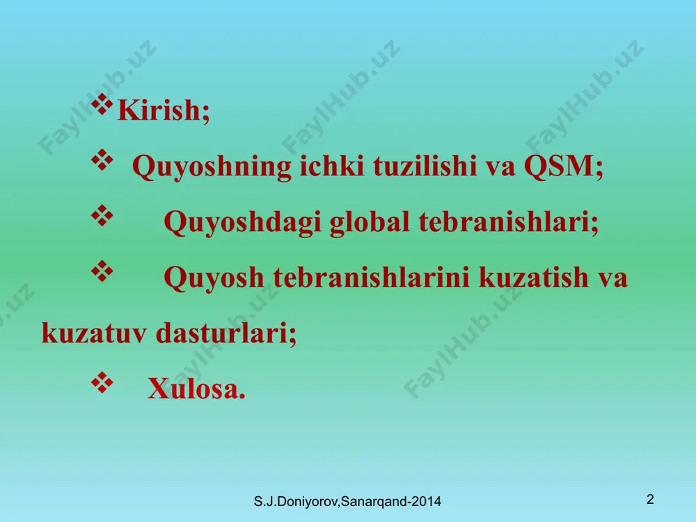 ng quyosh ichida sinish va aks etish orqali saqlanishi 6 presented by s.j.doniyorov, 2014 tebranishning umumiy ko’rinishi va quyosh kesimi tarkibidagi global tebranishlarni tushuntiruvchi p, g modalar. 7 quyoshgagi global tebranishlar. 8 quyosh tebranishlarini o’rganishga mo’ljallangan eng sezgir maxsus zamonaviy asboblar yordamida tebranishlarni yuzaga keltiruvchi turli modalarning chastotalari qayd qilingan bo’lib, o’lchashlar 10-5 gacha nisbiy aniqlikda bajarilgan. rasmda quyoshning 5 daqiqalik tebranishlarning spektr quvvati keltirilgan. 05.09.2018 presented by s.j.doniyorov, tashkent-2013 9 quyosh tebranishlarini kuzatishga mo’ljallangan iris xalqaro loyihasining binosi va spektrofometri. 10  = 2, m=2  = 3, m=2  = 8, m=4 қуёш юзасида кузатиладиган тебранишларнинг, l ва m нинг турли хил қийматларида мода тебраниш амплитудасини юзадаги тақсимланишини 3 кўриниши акс эттирилган 11 05.09.2018 presented by s.j.doniyorov, samarqand-2014 12 birinchi, quyosh tebranishlarini janubiy qutbda qayd qilish usulidir. u yerda atmosfera sharoitlari doimiyligi bir hafta atrofida bo’lgan kuzatuv o’tkazish imkonini beradi. ikkinchi, asboblarni kosmosga, yer soyasini kesmaydigan orbitaga chiqarishdan …