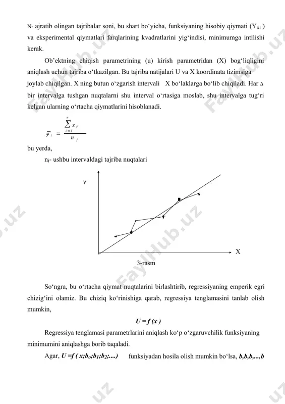 tizimsida nechta noma’lum koeffitsient bo‘lsa, shuncha tenglamalardan tashkil topgan. bu matematik statistikada normal tenglamalar tizimsi deyiladi. bu tenglamalar tizimsini funksiyaning umumiy ko‘rinishi uchun yechib bo‘lmaydi. buning uchun funksiyaning konkret ko‘rinishini tanlab turib masalani yechish kerak. staxostik jarayonlarni matematik modellashtirishda, odatda eksperimental statistik modellashtirish usuli qo‘llaniladi . bunda texnologik jarayonning matematik modelini tuzishda , shu ob’ektda olingan tajriba natijalaridan foydalaniladi. chiziqli regressiya qandaydir texnologik jarayonning matematik ifodasini tuzish kerak bo‘lsin ( 4 - rasm). x tj y 4- rasm bu texnologik jarayonning chiqish parametri (u) kirish parametri (x) ga bog‘liq o‘zgaradi , ya’ni ular orasida qandaydir funksional bog‘liqlik bor, u=f(x). (masalan: berk idishdagi bosimning har xil qiymatlariga, idish ichidagi suyuqlikning har xil qaynash temperaturasi mos keladi). agar bu bog‘liqlik matematik ifodasini, ma’lum qonuniyatlar orqali analitik ifodalash mumkin bo‘lmasa, unda eksperimental statistik modellashtirish usulidan oydalaniladi. buning uchun avval eksperiment o‘tkaziladi. kirish parametri (x) qiymatini o‘zgartirib borib, chiqish parametri (u) qiymatlari olinadi. bu …