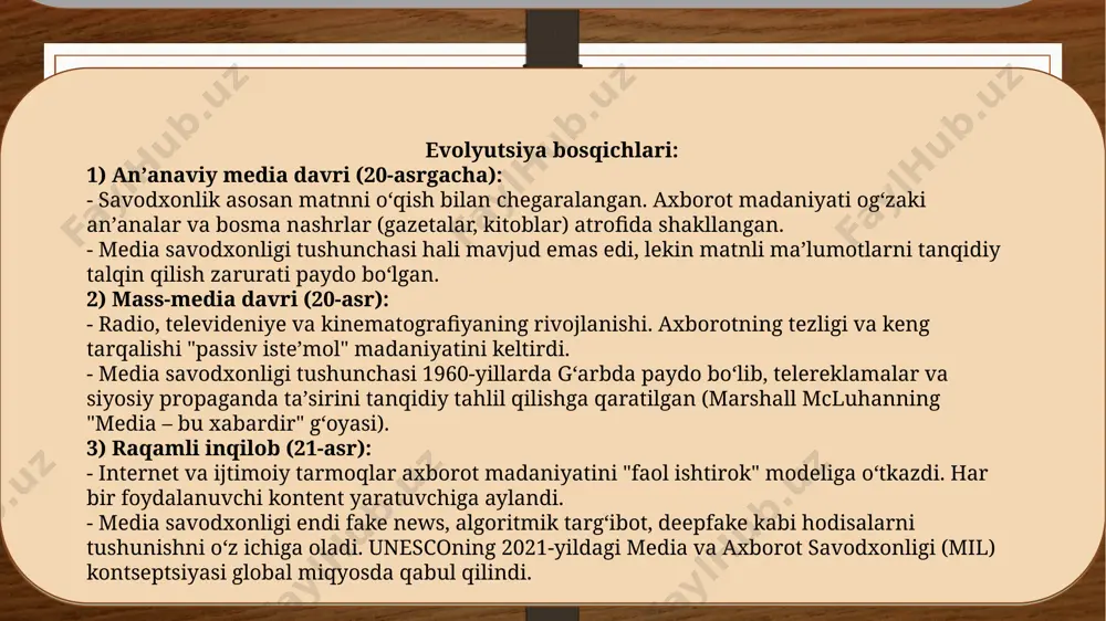 fiyotlar qiladi va ilmiy taraqqiyotga erishadi. to‘g‘ri qaror qabul qilish – haqiqiy va aniq ma’lumot insonning to‘g‘ri qaror qabul qilishiga yordam beradi. axborot xavfsizligi – ishonchli manbalardan ma’lumot olish noto‘g‘ri axborot va dezinformatsiyadan himoyalanishga yordam beradi. maktub yoki xat insoniyat tarixidagi eng qadimgi aloqa vositalaridan biri bo‘lib, odamlar orasidagi masofani yengib o‘tishga va fikr almashishga xizmat qilgan. qadimgi misr, bobilda ham tosh va gil lavhalarga yozilgan xatlar mavjud bo‘lib, keyinchalik qog‘oz kashf etilgach, xatlar orqali axborot uzatish ommalashdi. pochta tizimi rivojlanishi bilan xatlarni yetkazish tezligi ortdi. orta asrlarda qirollik va imperiyalar o‘z pochta tizimlariga ega bo‘lib, maxsus choparlar orqali xatlarni yetkazishgan. 19-asrda pochta xizmatlari jadal rivojlandi va xalqaro aloqalar kengaydi. bosma sohaning rivojlanishi bilan gazetalar va jurnallar ommaviy axborot vositalariga aylandi. 17-18-asrlarda gazetalar orqali siyosiy, iqtisodiy va ijtimoiy yangiliklar keng tarqala boshladi. jurnallar esa turli mavzularga ixtisoslashgan holda chuqur tahliliy materiallarni taqdim eta boshladi. . 19-asrda telegraf texnologiyasining kashf etilishi …