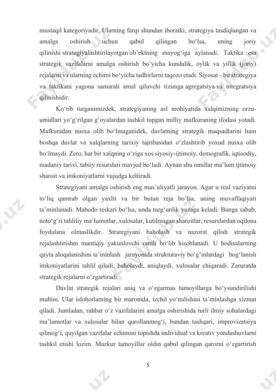 tahliliy ma’lumotlar, xulosalar, kutilmagan sharoitlar, resurslardan oqilona foydalana olmaslikdir. strategiyani baholash va nazorat qilish strategik rejalashtirishni mantiqiy yakunlovchi omili bo‘lib hisoblanadi. u hodisalarning qayta aloqalanishini ta’minlash jarayonida strukturaviy bo‘g‘inlardagi bog‘lanish imkoniyatlarini tahlil qiladi, baholaydi, aniqlaydi, xulosalar chiqaradi. zaruratda strategik rejalarni o‘zgartiradi. davlat strategik rejalari aniq va o‘zgarmas tamoyillarga bo‘ysundirilishi muhim. ular islohotlarning bir maromda, izchil yo‘nalishini ta’minlashga xizmat qiladi. jumladan, rahbar o‘z vazifalarini amalga oshirishida turli ilmiy sohalardagi ma’lumotlar va xulosalar bilan qurollanmog‘i, bundan tashqari, improvizatsiya qilmog‘i, quyilgan vazifalar echimini topishda individual va kreativ yondashuvlarni tashkil etishi lozim. mazkur tamoyillar oldin qabul qilingan qarorni o‘zgartirish ehtimoli yoki o‘zgaruvchan vaziyatdan kelib chiqib, qayta ko‘rib chiqish imkoniyatini berishi zarur. strategik dastur va rejaning uyg‘unligi hamda turli darajadagi qarorlarning mustahkam bog‘liqligi muvaffaqiyatning kafolati. mazkur birlik davlat organlarning strukturaviy bo‘g‘inlarida strategik harakatlarni birlashtirish, barcha funksional bo‘lim rejalarining kelishuvi bilan ta’minlanadi. ayni paytda strategiyani amalga oshirish imkoniyatlarini tug‘diradi. strategik boshqaruv jarayonida dastur va rejani amalga …