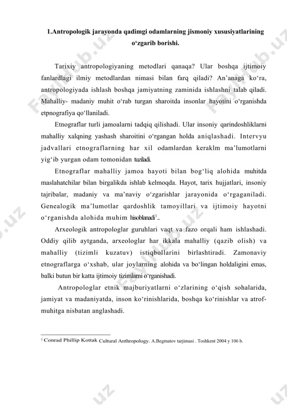 illatlarda ishlashadi. turli о‘rganish texnikalari bunday jamiyatlarda rivojlanadi. sotsiolog olimlar kuzatuv ishlari oddiy usullarda kompleks jamiyatlarda ishlashadi. kuzatuv ishlari etnografiyadan nimasi bilan farq qiladi? kо‘plab a’lo darajadagi javoblarga qaraganda kuzatuv ishlarini olib boruvchi, bajargan ishlarini savollar ishlatib qо‘llashgan. sotsiolog bо‘laklarni keng aholi haqida xulosa chiqargan holda о‘rganadi. antropologiya insonni о‘rganuvchi boshqa fanlardan о‘zinii qiyosiyligi va kengqamrovliligi bilan ajralib turadi. antropologl^ biologiya, til, madaniyat, о‘tmish va hozir mavjud bо‘lgan ibtidoiy zamonaviy jamiyatlarni tadqiq qiladi. ushbu bobda antropologiyansh asosan madaniy antropologiyaning dala ishlarini olib borish usullash ijtimoiy fanlardagi boshqa usullar bilan qiyoslanadi. bunda antropologiyaning etnik jihatlari ham inobatga olinadi. taxminan asrning oxirlariga kelib antropologiya sotsiologiya fanidan ajral chiqa boshladi. jamiyatni о‘rganishni boshlab berganlar orasida fransiyalik olimi emil durkxeym sotsiologiya va antropologiya fani asoschilarida hisoblanadi. oddiy va murakkab tuzilgan jamiyatlar haqida mushohada yuritar ekan mahalliy avstraliya xalqlarining yozma yodgorliklariga (durkxeym 1912/1961) va zamonaviy xalqlarda namoyen bо‘luvchi ommaviy fenomen (о‘z joniga qasd qilish kо‘rsatkichlari …