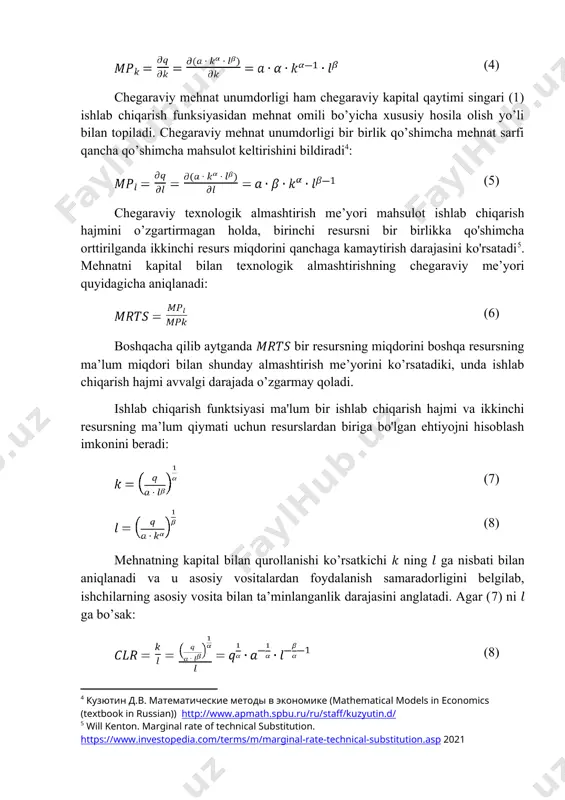 umdorligi bir birlik qo’shimcha mehnat sarfi qancha qo’shimcha mahsulot keltirishini bildiradi : (5) chegaraviy texnologik almashtirish me’yori mahsulot ishlab chiqarish hajmini o’zgartirmagan holda, birinchi resursni bir birlikka qo'shimcha orttirilganda ikkinchi resurs miqdorini qanchaga kamaytirish darajasini ko'rsatadi . mehnatni kapital bilan texnologik almashtirishning chegaraviy me’yori quyidagicha aniqlanadi: (6) boshqacha qilib aytganda bir resursning miqdorini boshqa resursning ma’lum miqdori bilan shunday almashtirish me’yorini ko’rsatadiki, unda ishlab chiqarish hajmi avvalgi darajada o’zgarmay qoladi. ishlab chiqarish funktsiyasi ma'lum bir ishlab chiqarish hajmi va ikkinchi resursning ma’lum qiymati uchun resurslardan biriga bo'lgan ehtiyojni hisoblash imkonini beradi: (7) (8) mehnatning kapital bilan qurollanishi ko’rsatkichi ning ga nisbati bilan aniqlanadi va u asosiy vositalardan foydalanish samaradorligini belgilab, ishchilarning asosiy vosita bilan ta’minlanganlik darajasini anglatadi. agar (7) ni ga bo’sak: (8) ga ega bo’lamiz . 2. kobb-duglas funktsiyasi bilan ishlab chiqarish jarayonlarini modellashtirish uslubiyoti. quyidagi jadvalda 6 ta korxona bo’yicha yalpi ishlab chiqarish q, kapitalqo’yilmalar k va mehnat …