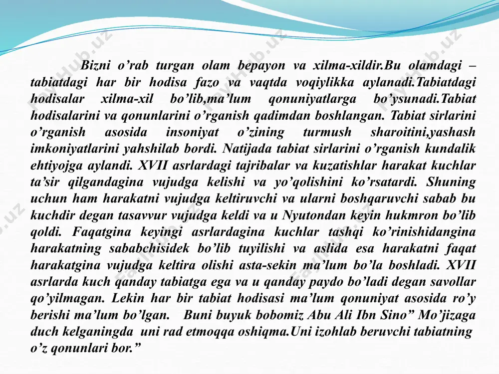 osil qiluvchi qo’rg’oshin sharlar yoniga elastik ip yordamida osilgan. m, m sharlar oralig’ini o’zgartirish bilan elastik ipning burilishiga ko’ra ular orasidagi o’zaro ta’sirni baholash mumkin.kevendish ipni buralish burchagiga qarab sharlarni o’zaro ta’sirlarini aniqladi.kevendish tomonidan hisoblab chiqarilgan gravitatsiya doimiysining qiymati undan keyin o’tkazilgan tajribalar vaqtida olingan qiymatidan faqat 1% ga farq qildi xolos. m m m1 m2 agar ikki zarra bir-biridan 1,5 fermi masofa uzoqlikda bo’lsa, ularning o’zaro patensial energiyasi u=0, ya’ni ular o’rtasida o’zaro bog’lovchi kuch yo’q. zarralar bir-birlariga yaqinlashishi bilan ular o’rtasidagi tortishish kuchu orta boshlaydi va natijada o’zaro patensial energiyasining algebraik qiymati kamayadi , 0,5 fermiga yaqin masofadan boshlab yana o’zaro itarishish kuchi vujudga keladi . elektromagnit o’zaro ta’sir jarayonini feyman diagrammasi orqali grafik ravishda tasvirlash mumkin. diagrammaning a tugundagi electron foton chiqarib, yangi holatga o’tadi. b uchida esa shu foton ikkinchi elektronda yutilib, uchunchi holatga o’zgaradi. e- a e- e- b e- mikrodunyo zarrachalar olamida u yoki …