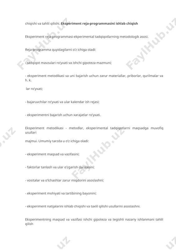 todikasi va ketma-ketligi tugal aniqlanadi. eksperimental tadqiqotlar o’tkazish jarayonida quyidagi qator asosiy qoidalarga rioya qilish lozim; - eksperimentchi o’lchash natijalariga subyektiv ta’sirga yo’l qo’ymay tadqiq etilayotgan jarayon yoki obyekt parametrining barcha tavsifini vijdonan qayd etishi lozim; - eksperimentchi ehtiyotsizligiga yo’l qo’yib bo’lmaydi, chunki bu hol ko’pincha katta xatolik va soxtalashtirishga, oqibatda, eksperimentlarni takrorlashga olib keladi; - eksperimentchi kuzatish va o’lchash daftarini albatta yuritishi kerak, uni tartibli va hyech qanday tuzatishlarsiz to’ldirib borish lozim; - eksperiment jarayonida bajaruvchi o’lchash vositalari ishini, ular to’g’ri ko’rsatayotganligini va qurilma, jihoz, stend va h. k. lar ishi barqarorligini, atrof muhit holatini muntazam kuzatishi, ish zonasiga begonalarni kiritmasligi shart. - eksperimentchi o’lchov vositalarini, ular to’g’riligini nazorat qilgan holda ishchi tekshiruviii muntazam o’tkazishi kerak; - o’lchashlar o’tkazshi bilan bir vastda bajaruvchi natijalarni dastlabki ishlab chiqish va taxlil qilishni o’tkazishi lozim. bu tadqiq etilayotgan jarayonni nazorat qilish, eksperimentni to’g’rilash, metodikani yaxshilash va eksperiment samaradorligini oshirishga imkon beradi; - …