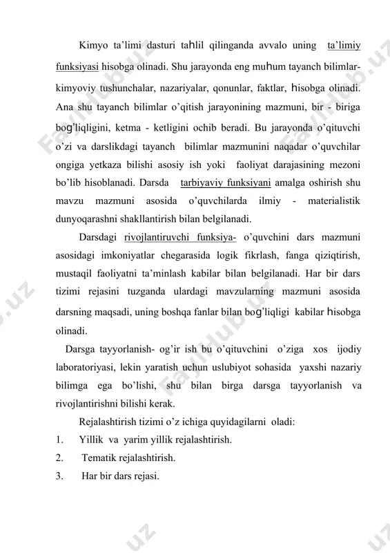 asiyalash uchun u barcha vositalar kimyo xonasida o’quv- metodik kompleks formada, uning ichida pedagogik vositalar, o’quv jarayonida undan foydalanuvchi bo’yicha metodik tavsiya, pedagogik dasturiy ta’minotdan foydalanish bilan dars o’qitishning metodikasi tasvirlanishi kerak. ular orasida: - reja maqsadga muvofiq usha yoki boshqa pedagogik dasturiy ta’minotni ishlatish. - tayin vaqtdla pedagogik dasturiy ta’minotdan foydalanishda talab qilinadigan bilim. - o’quvchilarning kimyoviy asboblar bilan ishlashda gigiyenik chegarasi. - pedagogik dasturiy ta’minot talab qiladigan tayyorlik va qobiliyat. kimyo darsiga tayyorlanish o’qituvchini boshqa darslarga tayyorlanish rejasidan farq qilmaydi, lekin bir qancha hal qiluvchi omillar borki, ularsiz kimyo darsiga tayyorlanish samarasiz va maqsadga muvofiq emas. kalendar tematik ish reja kimyo dasturi asosida tuziladi. hozirgi sharoitda umumta’lim maktabi uchun davlat ta’lim standartlari ishlab chiqilib aprabasiyadan o’tkazildi. bu holat “kadrlar tayyorlash milliy dasturi” talablarini ruyobga chiqarishning yorqin misoli edi. kalendar tematik ish reja qo’yidagi ko’rinishda bo’ladi. № dars mavzulari darsning aso-siy ta’limi vazifasi soat dars tipi fanlararo bog’lanish ko’rgazmali …