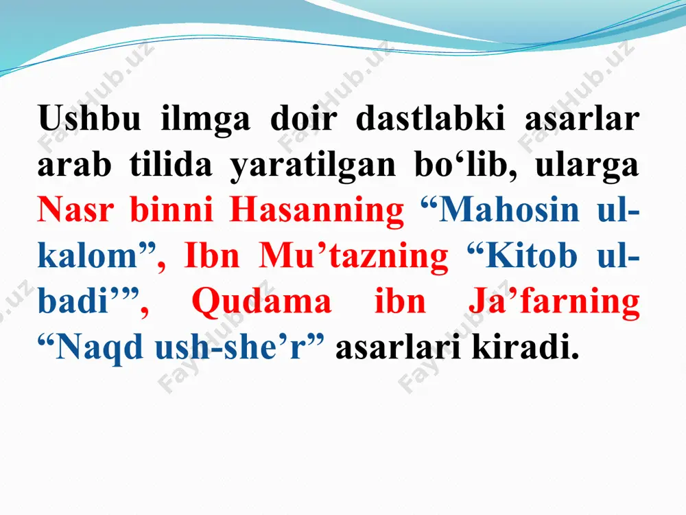 g‘azal matla’si yoki qasidaning birinchi baytida ilgari surilgan fikr keyingi baytlarda rivojlantirilib boriladi va she’r nihoyasida misrani takrorlash orqali o‘sha fikr yana ta’kidlanadi. kechti umrum naqdi g‘aflat birla nodonlig‘da hayf, qolg‘ani sarf o‘ldi anduh-u pushaymonlig‘da hayf… ey navoiy, voqif erman xalqdin, bori mening kechti umrum naqdi g‘aflat birla nodonlig‘da hayf radd ul-matla’ning ikkinchi ko‘rinishiga misol: otashin gul bargidin xil’atki jononimdadur, xil’at ermas, ul bir o‘tdurkim, mening jonimdadur. otashin la’lidururkim, anda muzmar bo‘ldi jon, otashin gul bargidan xil’atki jononimdadur. radd ul-qofiya radd ul-qofiya (ar. – qofiyaning takrorlanishi) – g‘azal yoki qasida matla’idagi qofiyaning undan keyingi baytlardan birida yoki maqta’da takrorlanishiga asoslangan badiiy san’at. xvi asrgacha yaratilgan poetikaga doir manbalarda “iyto” deb yuritilgan. bahor sensiz o‘luptur manga ajab do‘zax, qizil gul anda o‘tu oq shukufalardur yax. bahor sensiz agar do‘zax o‘lsa tong ermas, bihisht ichinda liqo bo‘lmasa erur do‘zax... tardi aks tardi aks (ar. – teskari qilib takrorlash) – bayt tarkibidagi ikki …