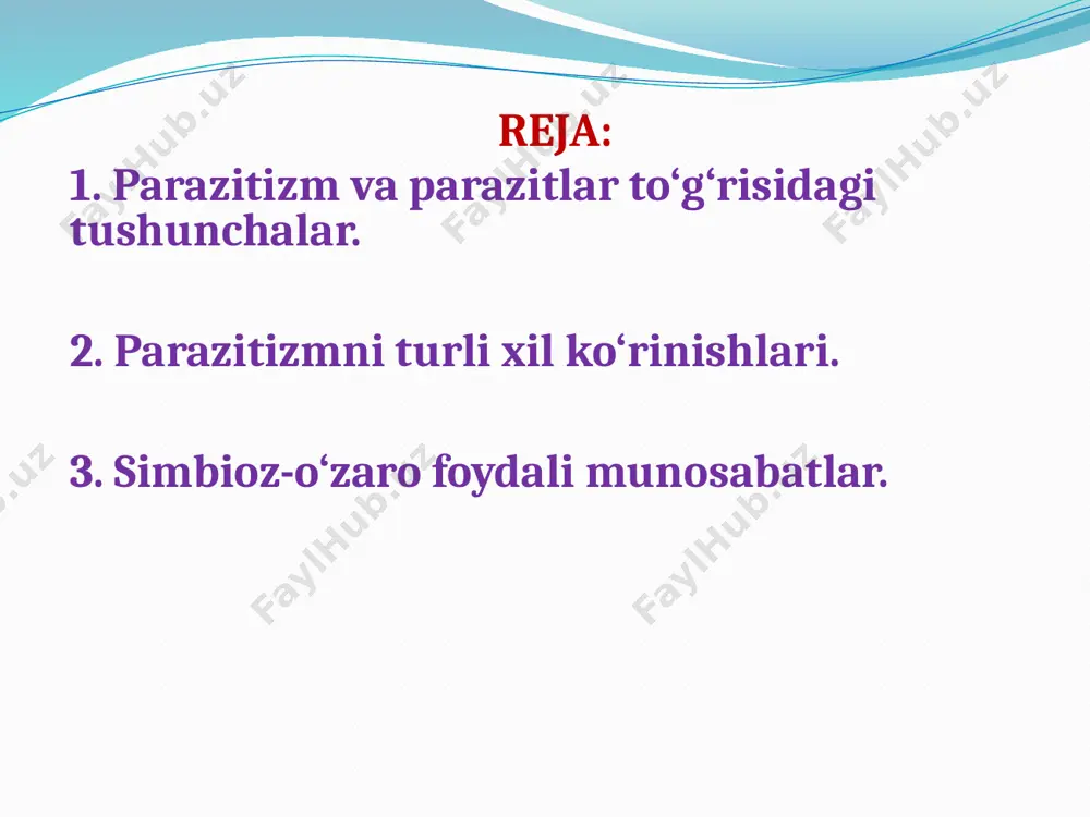 a xo‘jayindan faqat bir tomonlama foydalanish ko‘zda tutiladi. v. a. dogel fikriga ko‘ra, parazitlar shunday organizmlarki, qaysiki ular boshqa tirik organizmlardan oziqa manbai, yashash muhiti sifatida foydalanib qolmasdan, balki ularga qisman yoki to‘liq o‘zini tashqi muhit bilan bo‘ladigan o‘zaro munosabatlarini boshqarish vazifasini ham o‘z xo‘jayinlariga yuklab qo‘yadilar. parazitizm birga yashashning shunday shakliki, bunday birga yashashdan bir tomon, parazit manfaatdor, xo‘jayin esa zarar ko‘radi. bu ta’rif parazitizmga juda keng ekologik ma’no beradi. bunda asosan parazitizmgina emas balki u bilan bog‘liq bo‘lgan boshqa masalalar ham qamrab olinadi. parazitizm bu ekologik masala bo‘lib, parazitologiyani o‘rganishda faqat parazit bilan xo‘jayin o‘rtasidagi munosabatlar emas balki parazitik hayot kechirish natijasida yuzaga keladigan oqibatlar ham o‘rganiladi. parazitizm aslida parazit bo‘lib yashagan organizmni birinchidan, o‘zini himoya qilishi va boshqa organizm hisobiga oziqlanish uchun doimo intilishi natijasida yuzaga kelgan (chendler,1956). ayrim ma’lumotlarga ko‘ra, tabiatda erkin hayot kechiradigan organizmlar soniga nisbatan parazitlar ko‘proqdir. ko‘pchilik organizmlar o‘ziga xos parazitlardan tashqari boshqa …
