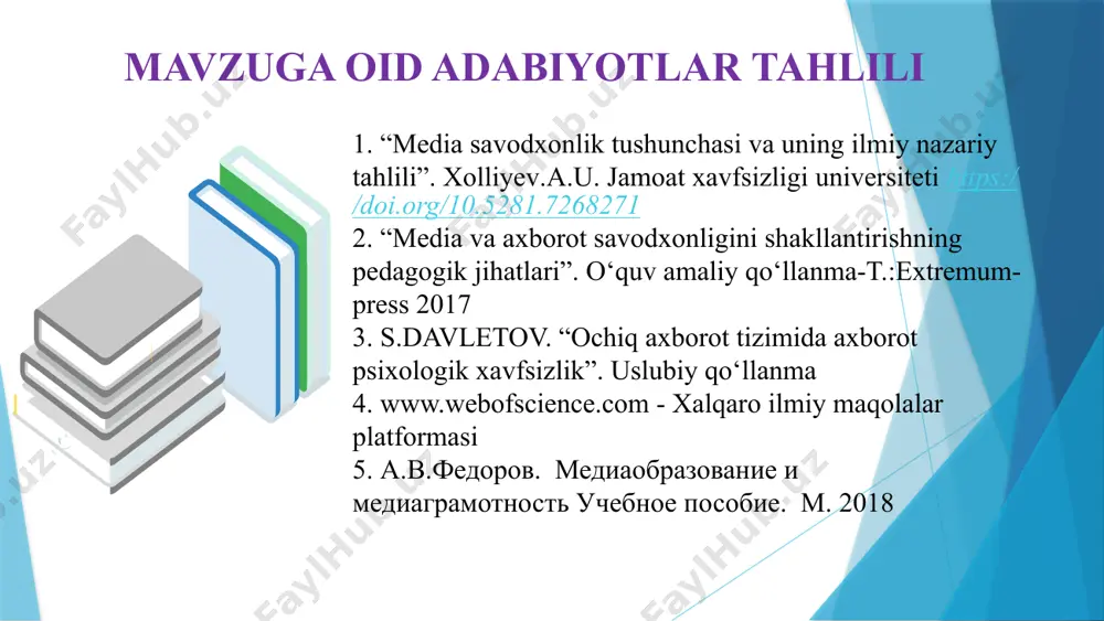 axsiy ma’lumotlar xavfsizligini ta’minlash uchun maxsus bilim va ko‘nikmalarni rivojlantirish “dars mashgʻulotlari jarayonida oʻquvchilarga media savodxonlikni singdirib borish” mavzusida maktab telegram kanalida tavsiyalar berib borish oʻquv yili davomida 4 ijtimoiy medialardan samarali foydalanishni yoʻlga qo‘yish. it bo‘limlari bilan hamkorlikni yo‘lga qo‘yish. o‘quv kurslarini tashkil etish va muntazam faoliyatini ta’minlash maktab direktori, informatika fani o‘qituvchilari, kutubxona mudiri bilan hamkorlikda o‘quv yili davomida ijtimoiy mediadan samarali foydalanish yordamida ijtimoiy platformalarda ilg‘or tajribalarni ommalashtirish yo‘lga qo‘yiladi elektron kutubxonadan foydalanish imkoniyatini kengaytirish e’tiboringiz uchun rahmat image1.png image2.png image3.png image4.jpg image5.jpg image6.jpg image7.gif image8.png image9.jpeg image10.png image11.png image12.png image13.png image14.png image15.gif image16.png