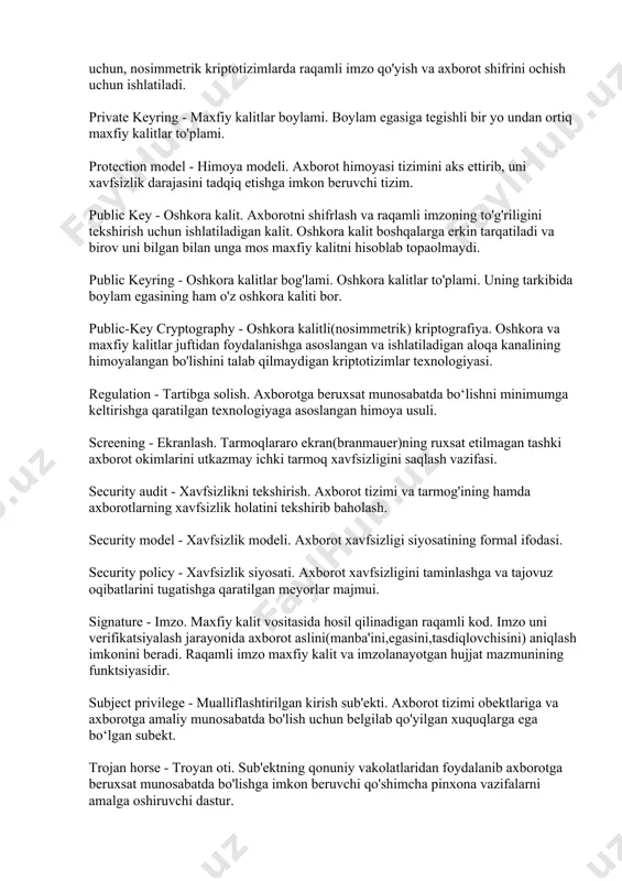 lan berkitish. obstacle - to'siq. himoyalanadigan axborotga axborot jinoyatchisining yo'lini fizikaviy to'sib qo'yish asosida axborotni himoyalash usuli. passiv attack - nofaol tajovuz. xavfsizlikka nofaol taxdidning yuzaga chiqishi. passiv threat - xavfsizlikka nofaol taxdid. tizim holatini buzmasdan turib undan axborotning begonalarga beruxsat chiqib ketish xavfi. password - parol. amaliy munosabat boshlash uchun ishlatiladigan, subektning siri hisoblanadigan identifikator. tizimga kirish uchun klaviatura tugmalarini bosish ketma-ketligi. physical threat - fizikaviy xavf. oqibati tizimga fizikaviy xavf keltiradigan taxdid. plaintext - ochiq matn. shifrlanmagan va imzolanmagan odatdagicha o'qib- tushuniladigan matn. potection strategy - himoya strategiyasi. malum tahdidlardan himoyalanishni taminlashga qaratilgan mezonlarning formal tarifi. private key - maxfiy kalit. bilishi shart bo'lgan sub'ektlardan boshqa xechkimga oshkora qilinmaydigan kalit. simmetrik kriptotizimlarda shifrlash va shifrni ochish uchun, nosimmetrik kriptotizimlarda raqamli imzo qo'yish va axborot shifrini ochish uchun ishlatiladi. private keyring - maxfiy kalitlar boylami. boylam egasiga tegishli bir yo undan ortiq maxfiy kalitlar to'plami. protection model - himoya …