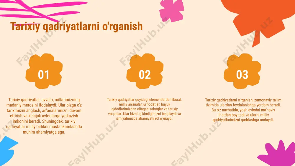 iyatlarni qayta tiklash va ularni zamonaviylashtirishga yordam beradi. tarixiy qadriyatlarni tiklash strategiyalari ushbu slaydda milliy tarbiyaviy qadriyatlarni tiklash va zamonaviy ta'lim tizimiga integratsiya qilish bo'yicha strategiyalar muhokama qilinadi. tarixiy qadriyatlar zamonaviy ta'limda qanday o'rin egallashi va yosh avlodni tarbiyalashda qanday ahamiyatga ega ekanligi ko'rsatiladi. o'zbekistonning boy tarixi va madaniyatidan olingan darslar, innovatsion texnologiyalar yordamida ta'lim jarayoniga kiritiladi. bu jarayonlar orqali talabalar tarixiy qadriyatlarni o'z hayotlariga qanday qo'shishlari mumkinligi ko'rsatiladi. 01 02 tarixiy qadriyatlar va kelajak tarixiy qadriyatlarning ahamiyati tarixiy qadriyatlar milliy kimlik va madaniyatimizning asosi hisoblanadi. ular nafaqat o'zimizni anglashimiz, balki kelajak avlodlarga meros sifatida yetkazishimizda ham muhim ahamiyatga ega. tarixiy qadriyatlarimizni saqlab qolish, ularni zamonaviy sharoitlarda yangilash orqali, millatimizni yanada kuchaytirishimiz mumkin. zamonaviylashtirish jarayonlari zamonaviylashtirish jarayonlari tarixiy qadriyatlarni yangi shakllarda namoyon etishni anglatadi. bu jarayon, avvalo, ta'lim tizimimizda tarixiy qadriyatlarni integratsiyalashni, madaniy tadbirlar orqali ularni yoshlar orasida keng targ'ib qilishni va zamonaviy texnologiyalardan foydalanishni talab qiladi. bunday yondashuvlar qadriyatlarimizni …