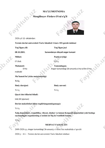 mengliboyev firdavs o'ral o'g'lining ma'lumotlari — DOCX